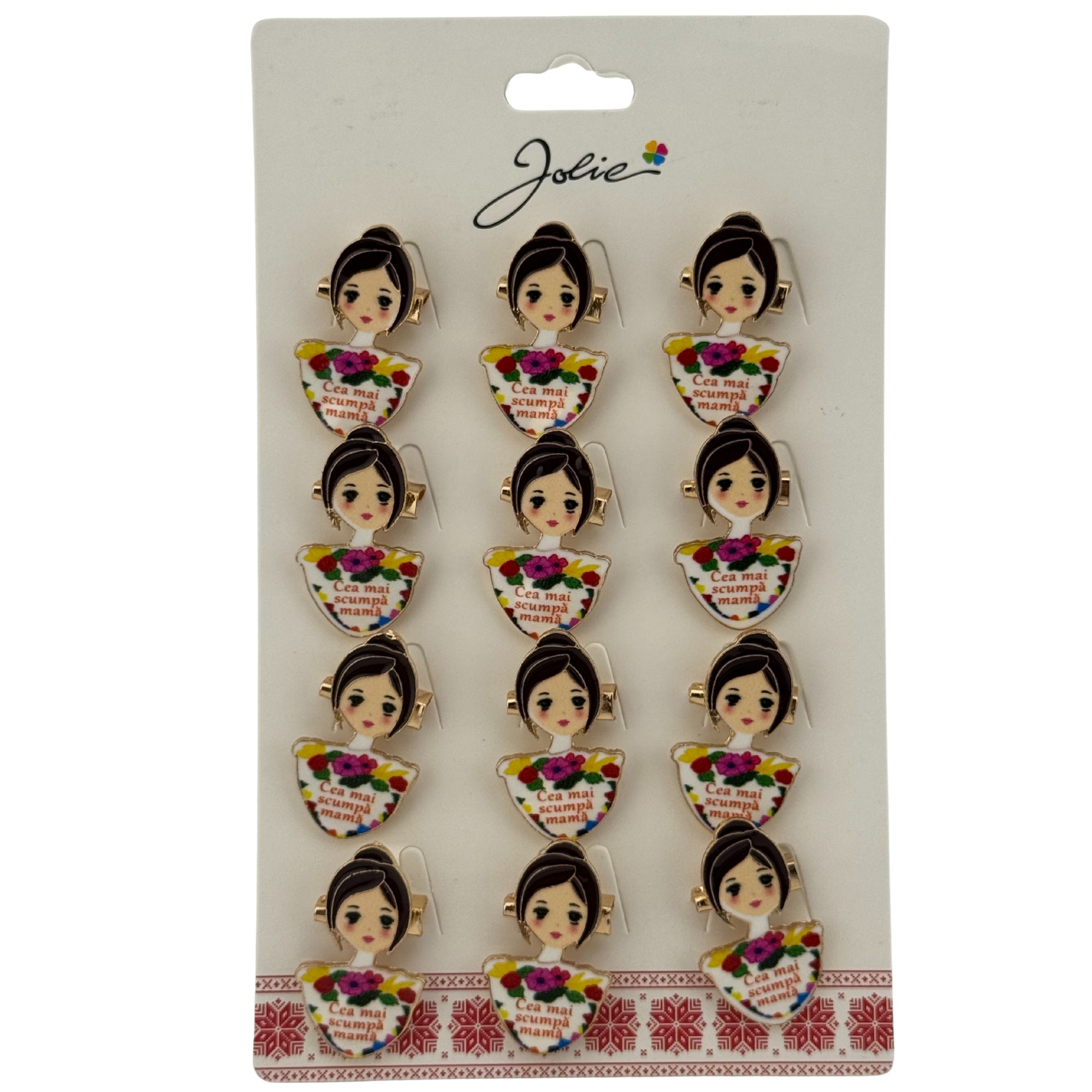 Set 12 Brose Martisor Primavara, Jolie, Model Fata, Mesaj Cea Mai Scumpa Mama, Multicolor