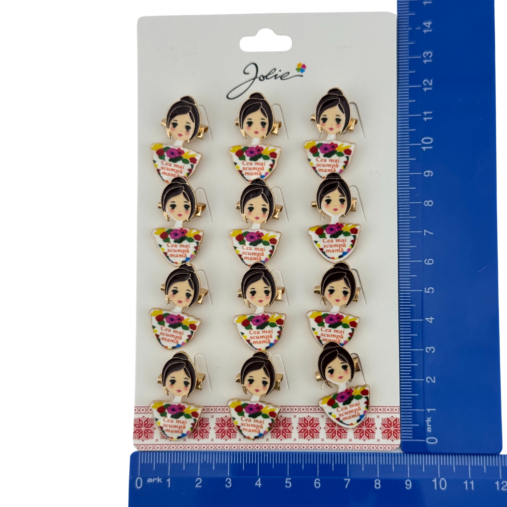 Set 12 Brose Martisor Primavara, Jolie, Model Fata, Mesaj Cea Mai Scumpa Mama, Multicolor