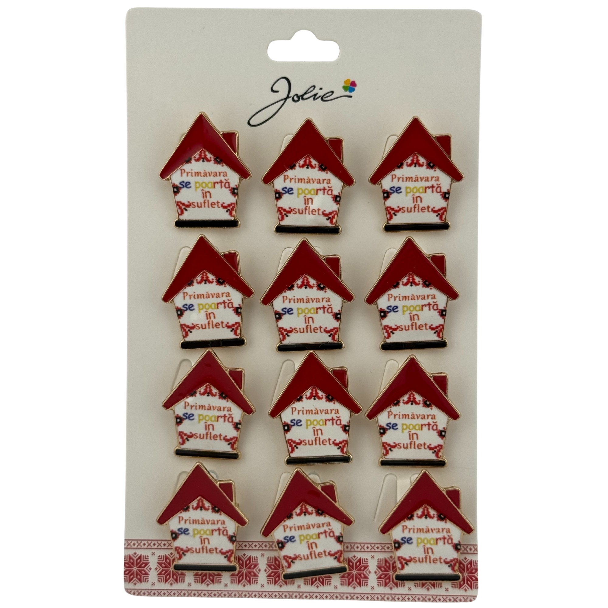 Set 12 Brose Martisor Primavara, Jolie, Model Casa, Mesaj Primavara se Poarta in Suflet, Multicolor