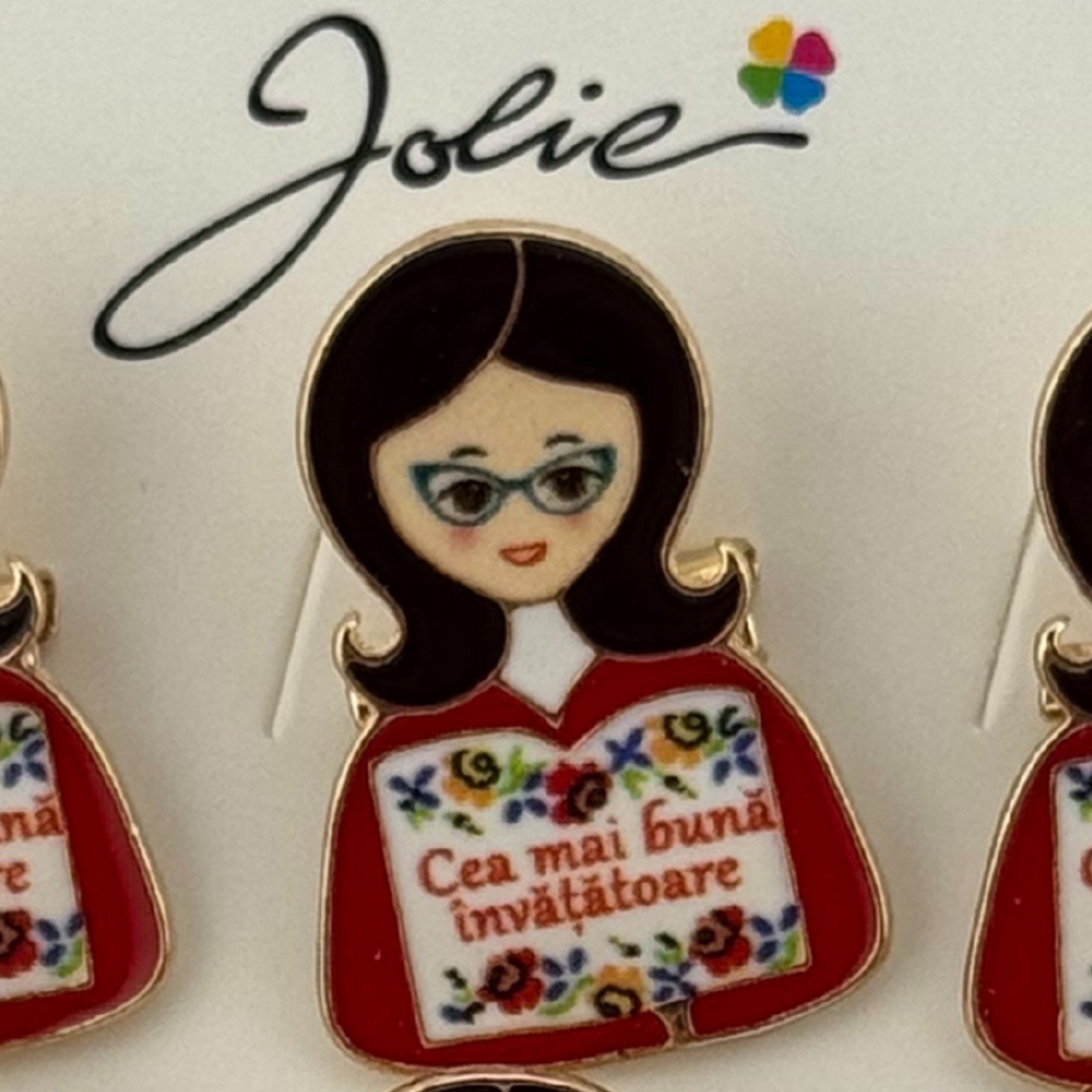 Set 12 Brose Martisor Primavara, Jolie, Model Fata, Mesaj Cea Mai Buna Invatatoare, Multicolor