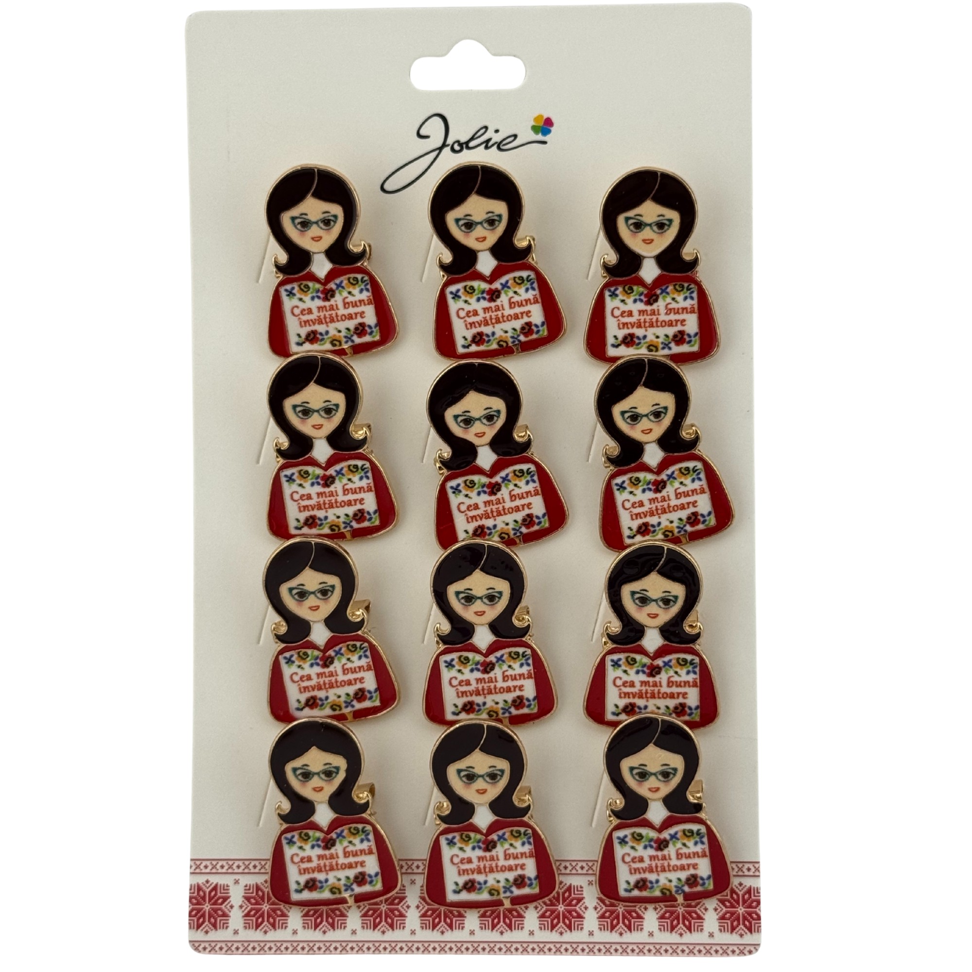 Set 12 Brose Martisor Primavara, Jolie, Model Fata, Mesaj Cea Mai Buna Invatatoare, Multicolor