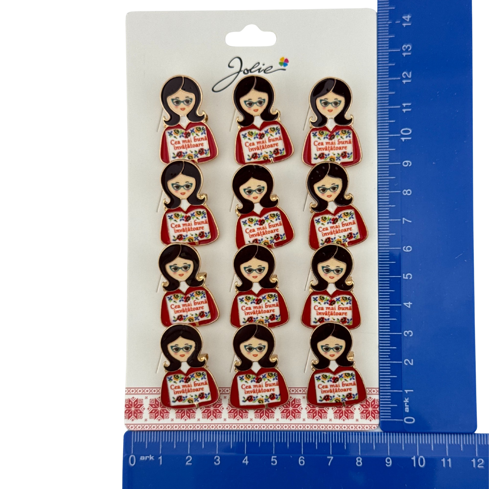 Set 12 Brose Martisor Primavara, Jolie, Model Fata, Mesaj Cea Mai Buna Invatatoare, Multicolor