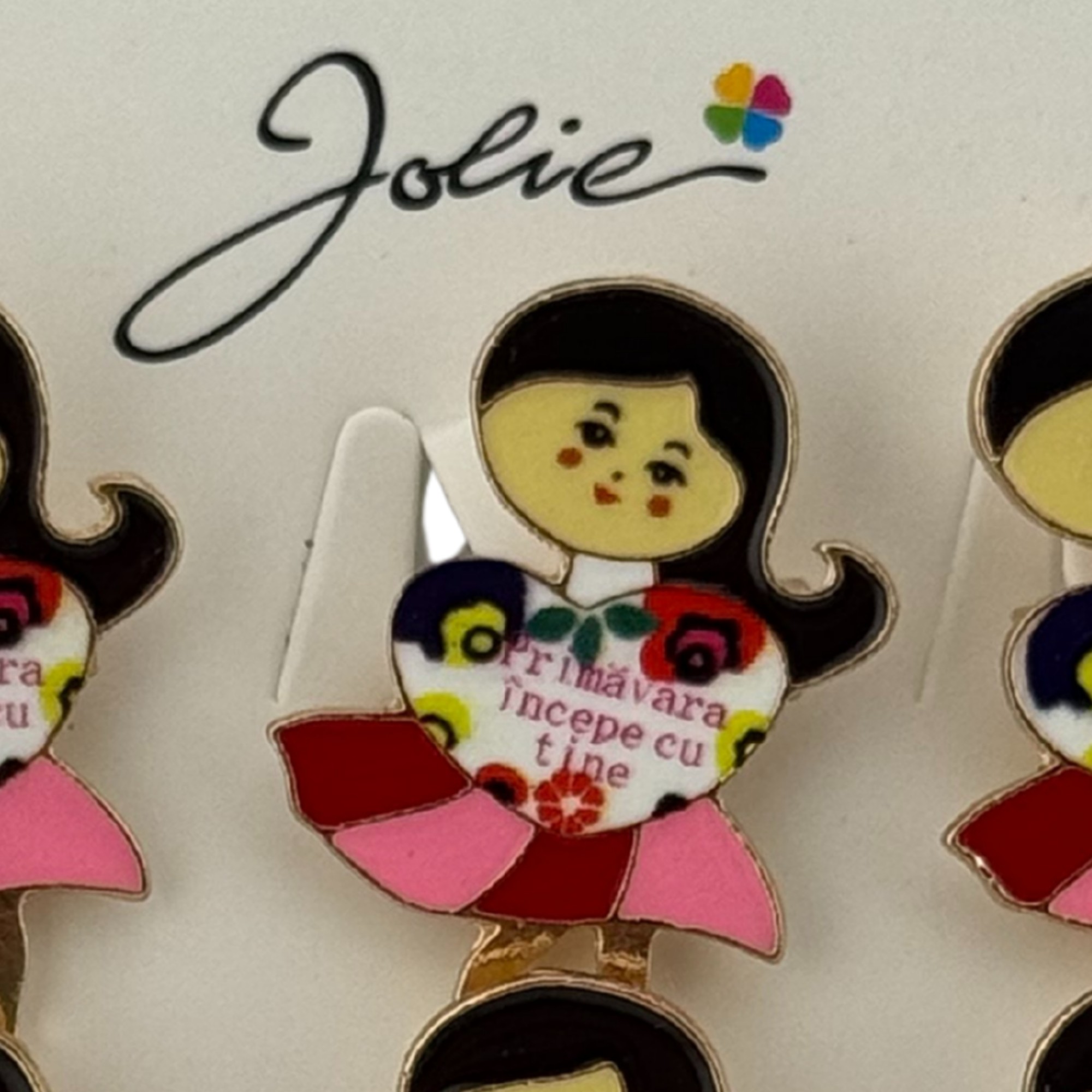 Set 12 Brose Martisor Primavara, Jolie, Model Fata, Mesaj Primavara Incepe cu Tine, Multicolor