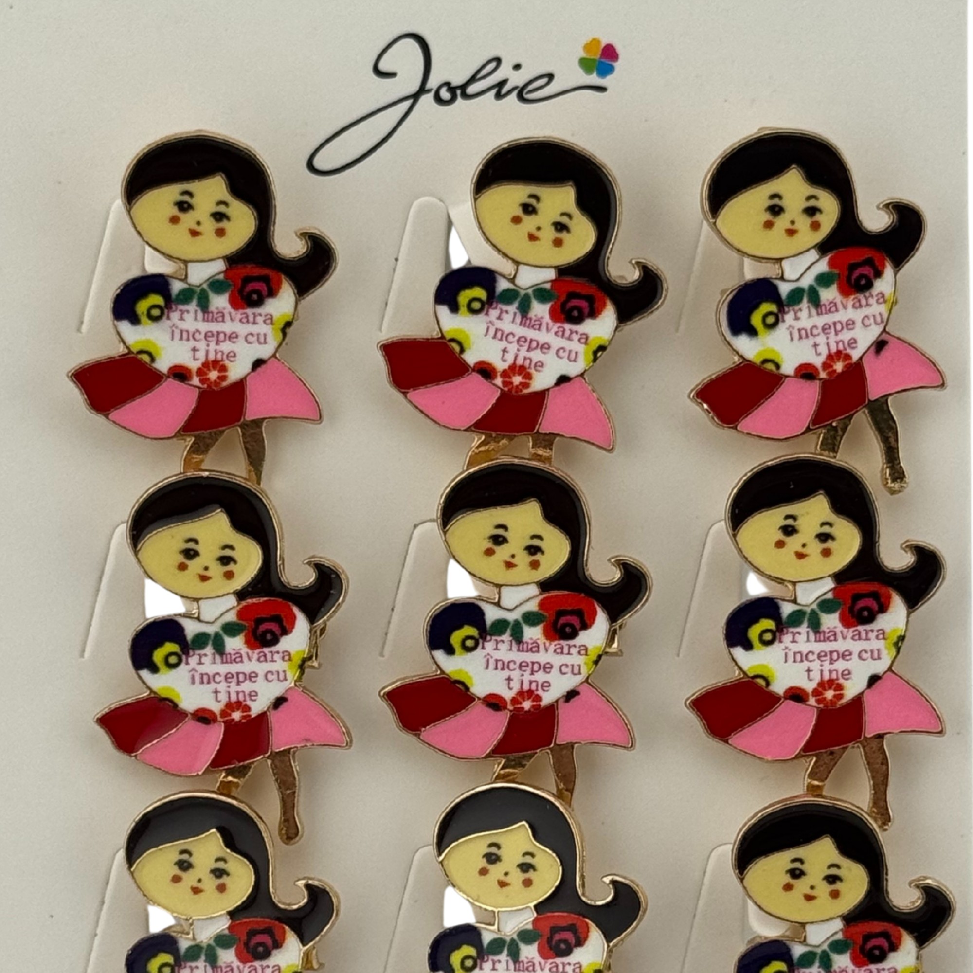 Set 12 Brose Martisor Primavara, Jolie, Model Fata, Mesaj Primavara Incepe cu Tine, Multicolor