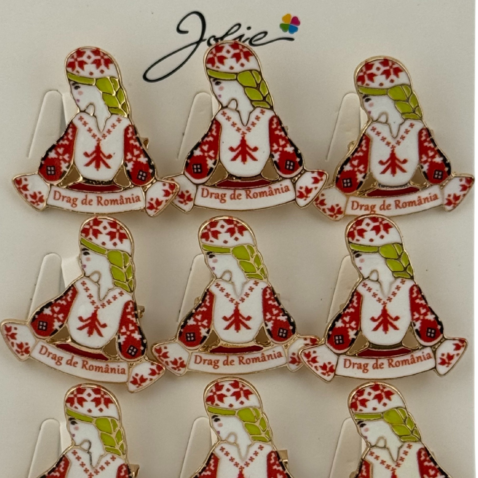 Set 12 Brose Martisor Primavara, Jolie, Model Fata, Mesaj Drag de Romania, Multicolor