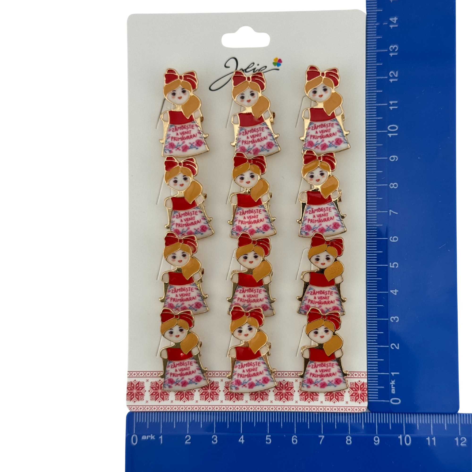 Set 12 Brose Martisor Primavara, Jolie, Model Fata, Mesaj Zambeste a Venit Primavara, Multicolor