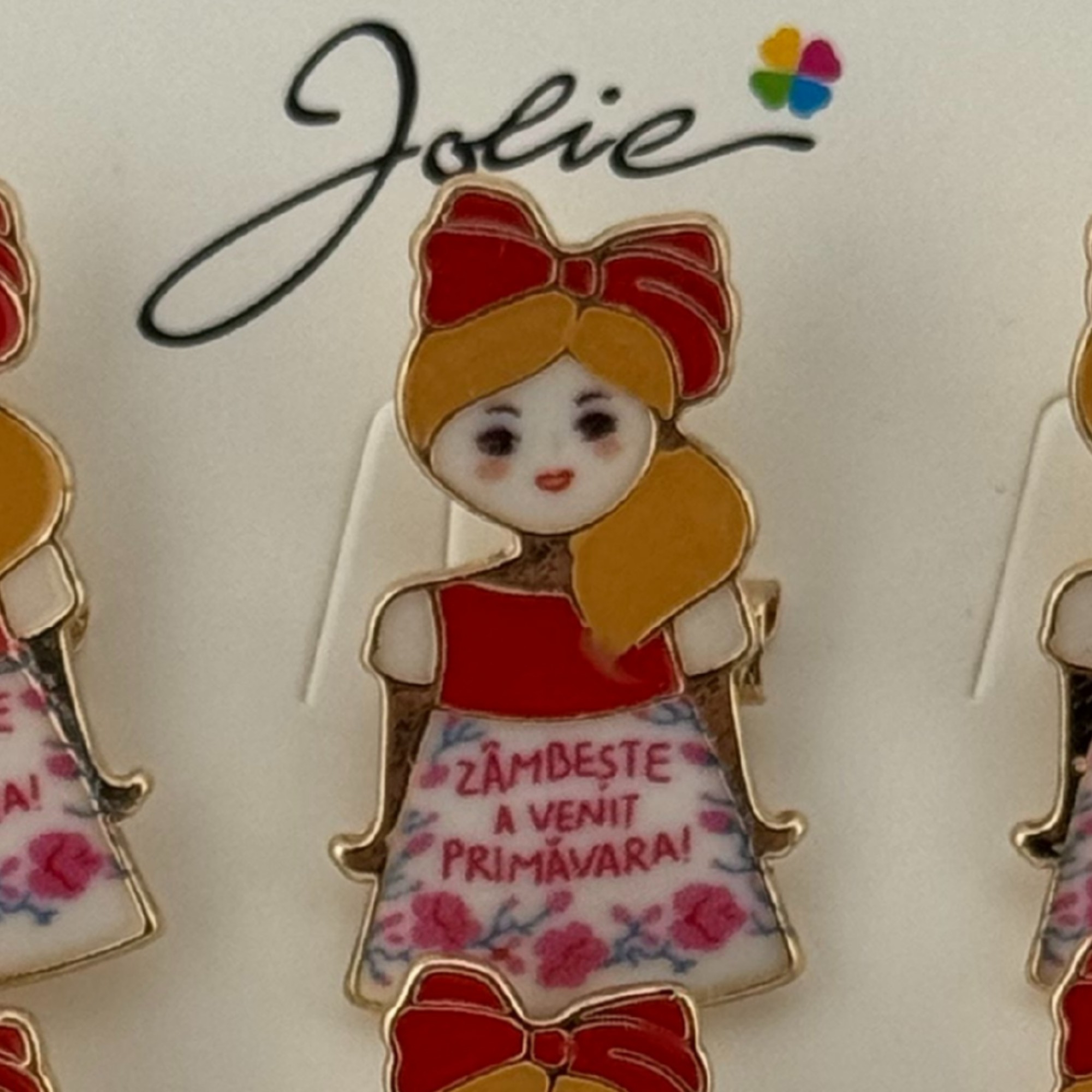 Set 12 Brose Martisor Primavara, Jolie, Model Fata, Mesaj Zambeste a Venit Primavara, Multicolor