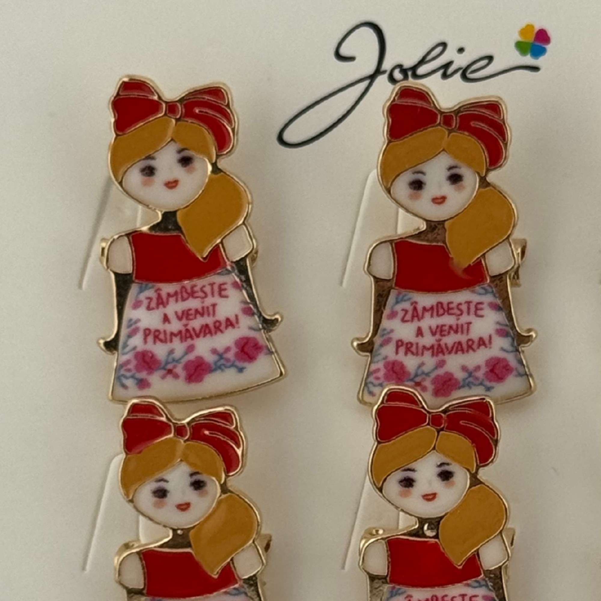 Set 12 Brose Martisor Primavara, Jolie, Model Fata, Mesaj Zambeste a Venit Primavara, Multicolor
