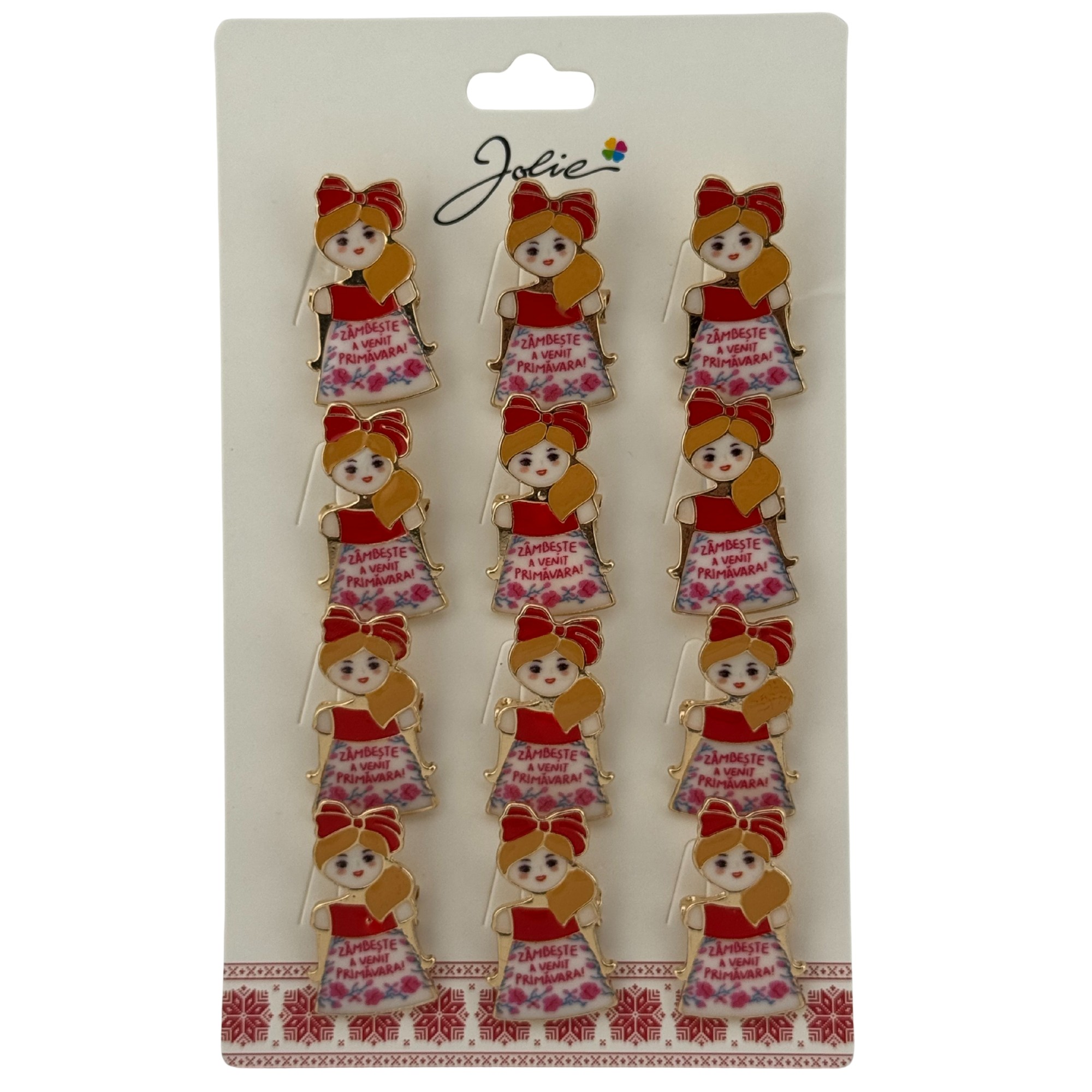 Set 12 Brose Martisor Primavara, Jolie, Model Fata, Mesaj Zambeste a Venit Primavara, Multicolor