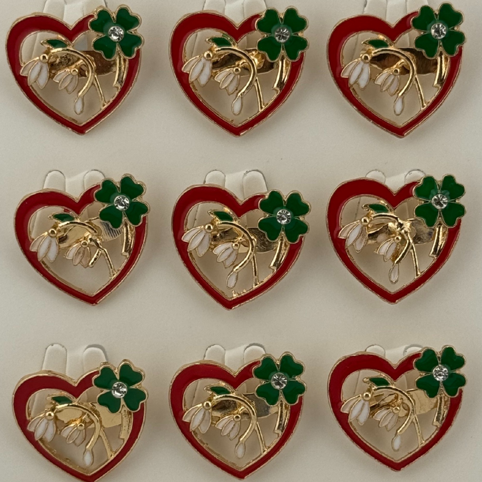 Set 12 Brose Martisor Primavara, Jolie, Model Inima cu Ghiocei si Trifoi