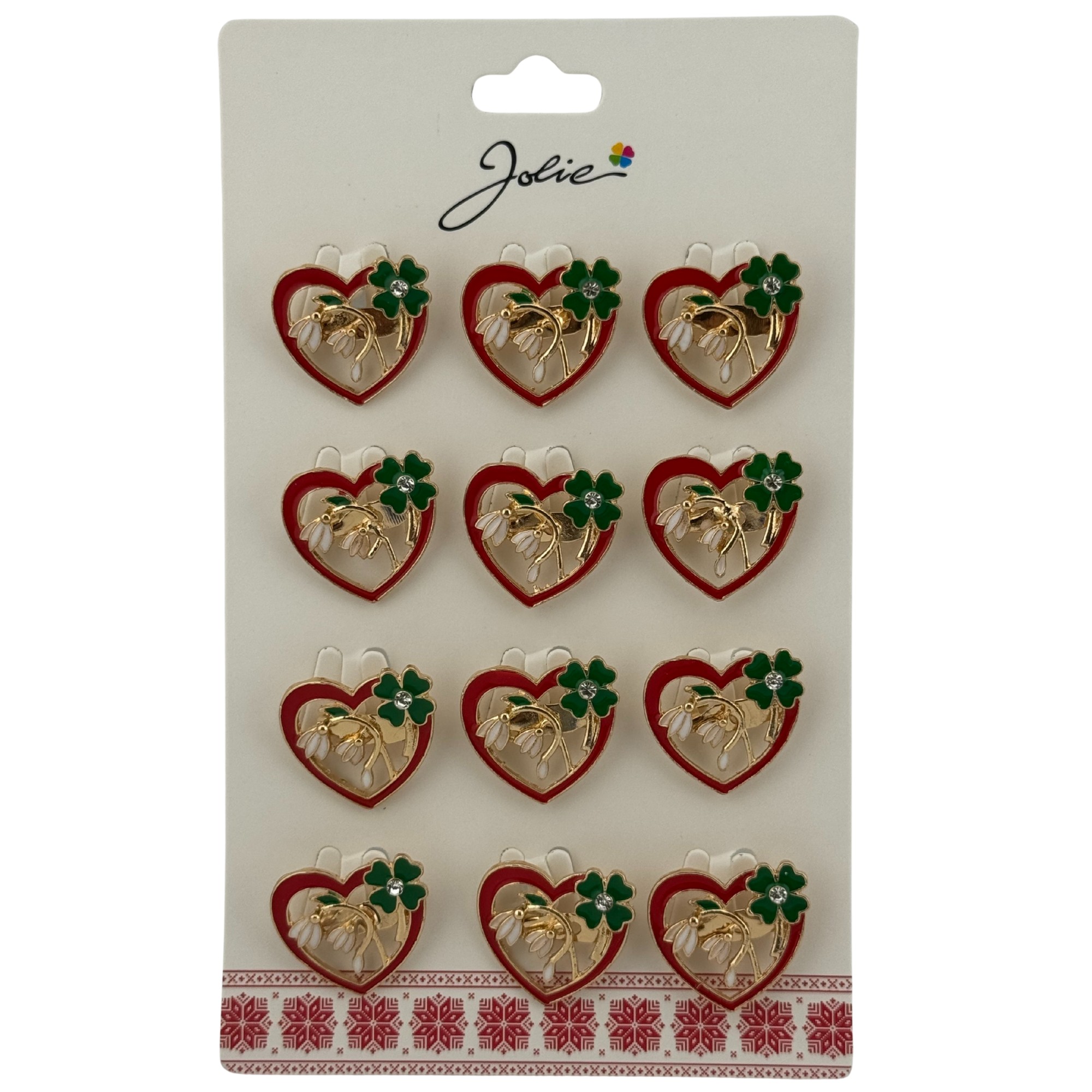 Set 12 Brose Martisor Primavara, Jolie, Model Inima cu Ghiocei si Trifoi