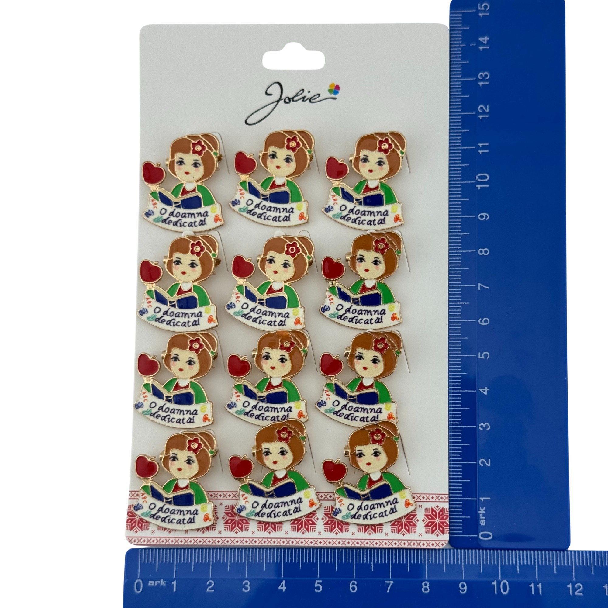 Set 12 Brose Martisor Primavara, Jolie, Model Fata, cu Mesaj O Doamna Dedicata