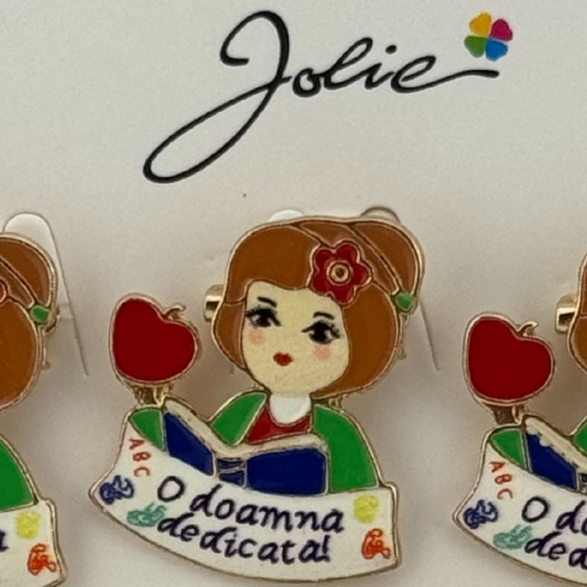 Set 12 Brose Martisor Primavara, Jolie, Model Fata, cu Mesaj O Doamna Dedicata