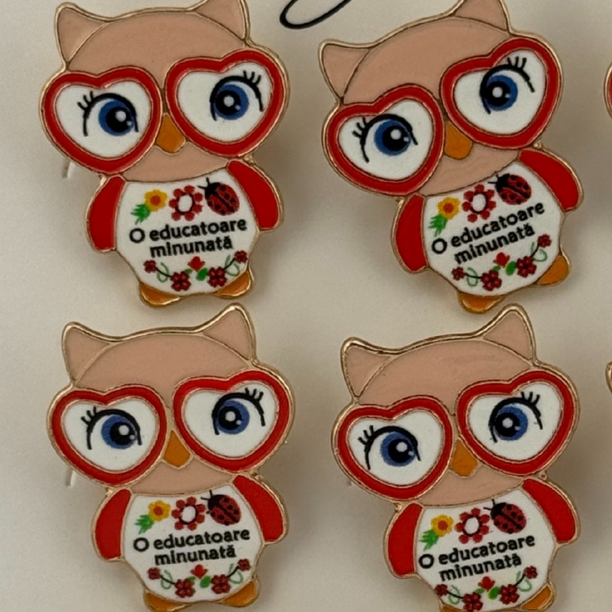 Set 12 Brose Martisor Primavara, Jolie, Model Bufnita ,cu Mesaj O Educatoare Minunata