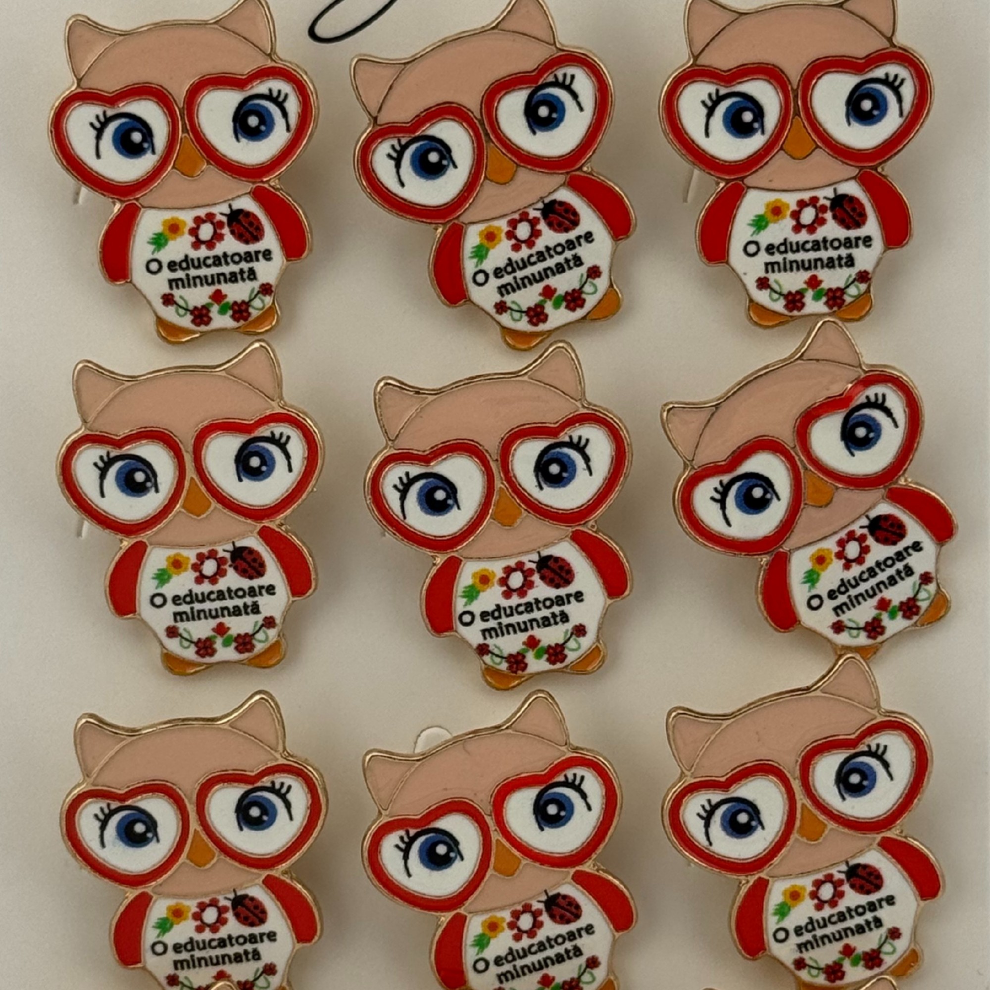 Set 12 Brose Martisor Primavara, Jolie, Model Bufnita ,cu Mesaj O Educatoare Minunata