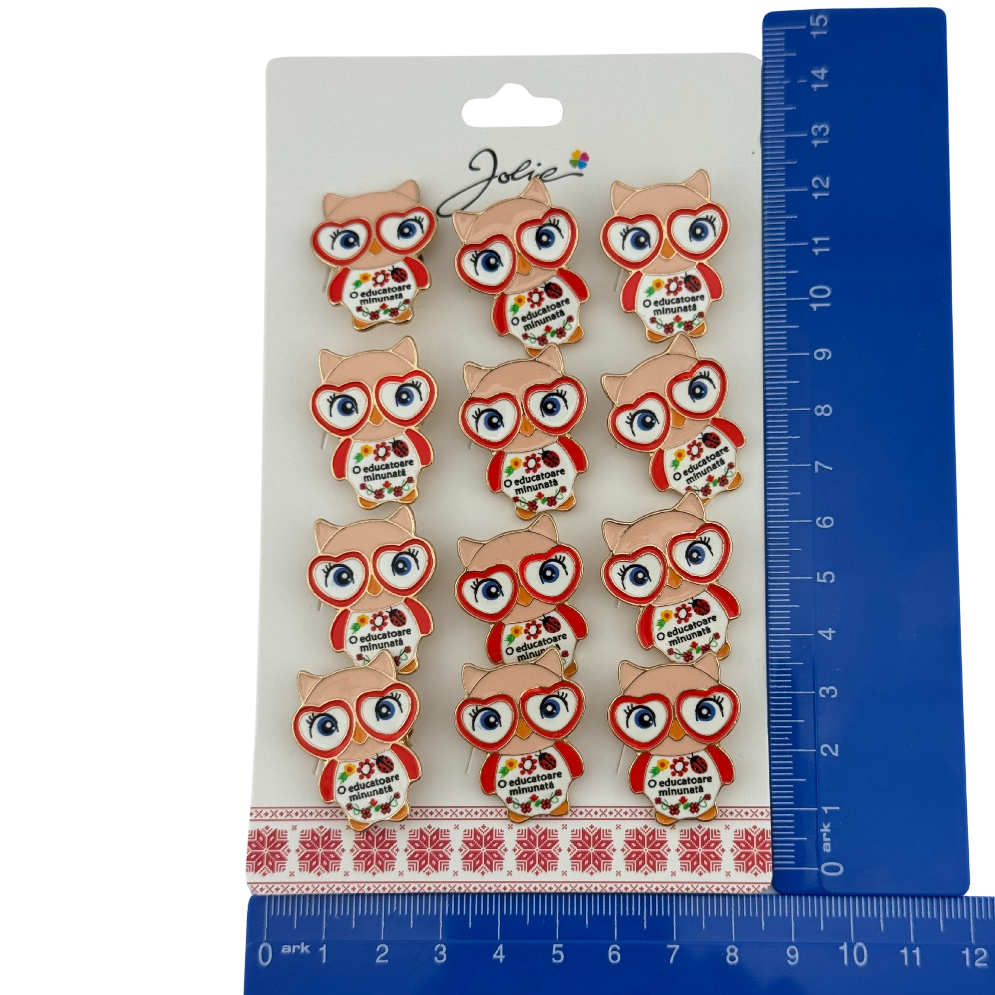 Set 12 Brose Martisor Primavara, Jolie, Model Bufnita ,cu Mesaj O Educatoare Minunata