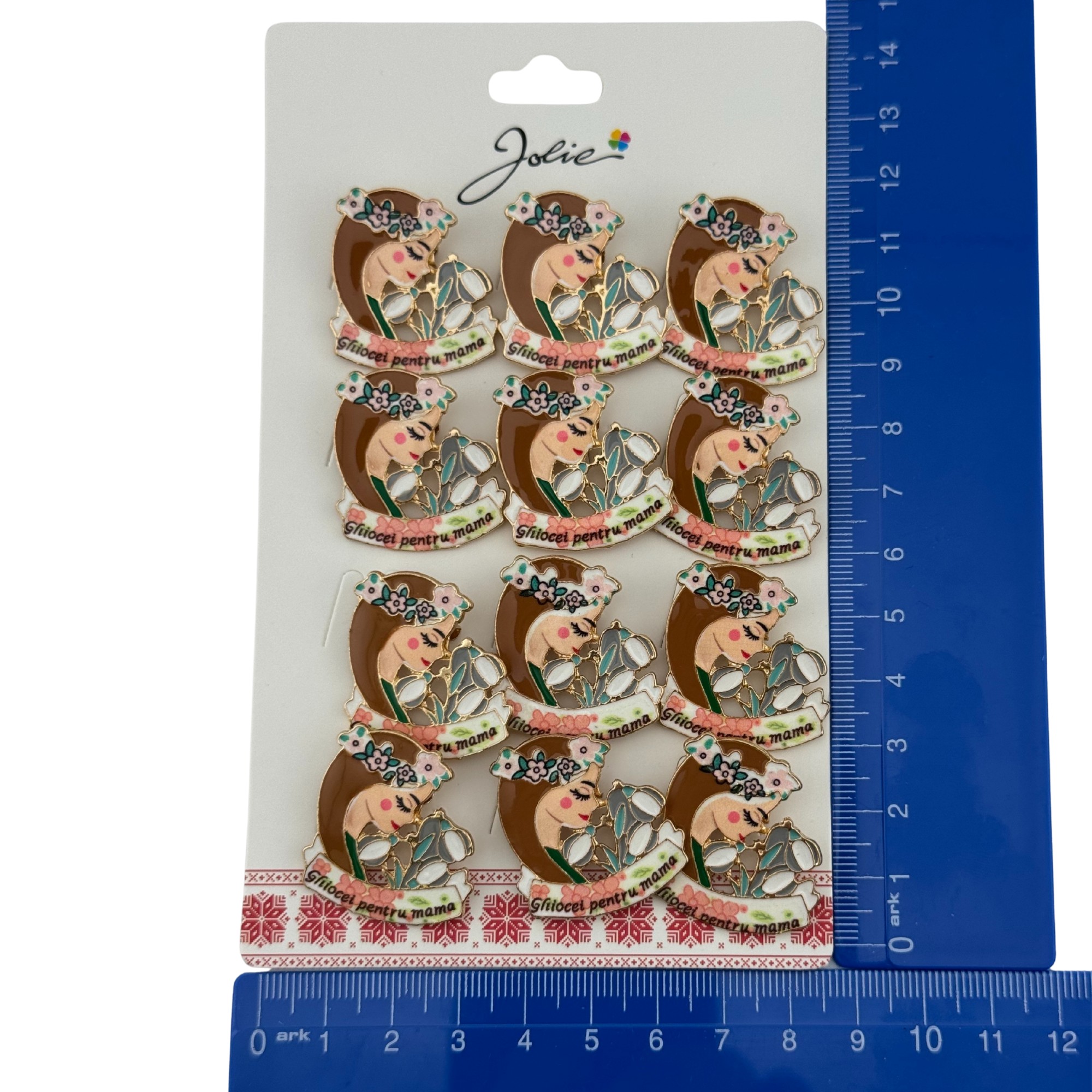 Set 12 Brose Martisor Primavara, Jolie, Model Fata, cu Mesaj Ghiocei pentru Mama, Multicolor