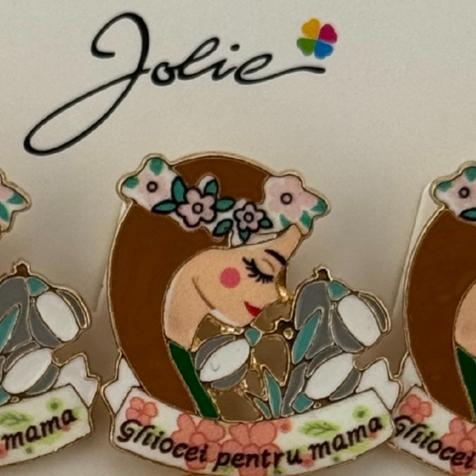 Set 12 Brose Martisor Primavara, Jolie, Model Fata, cu Mesaj Ghiocei pentru Mama, Multicolor