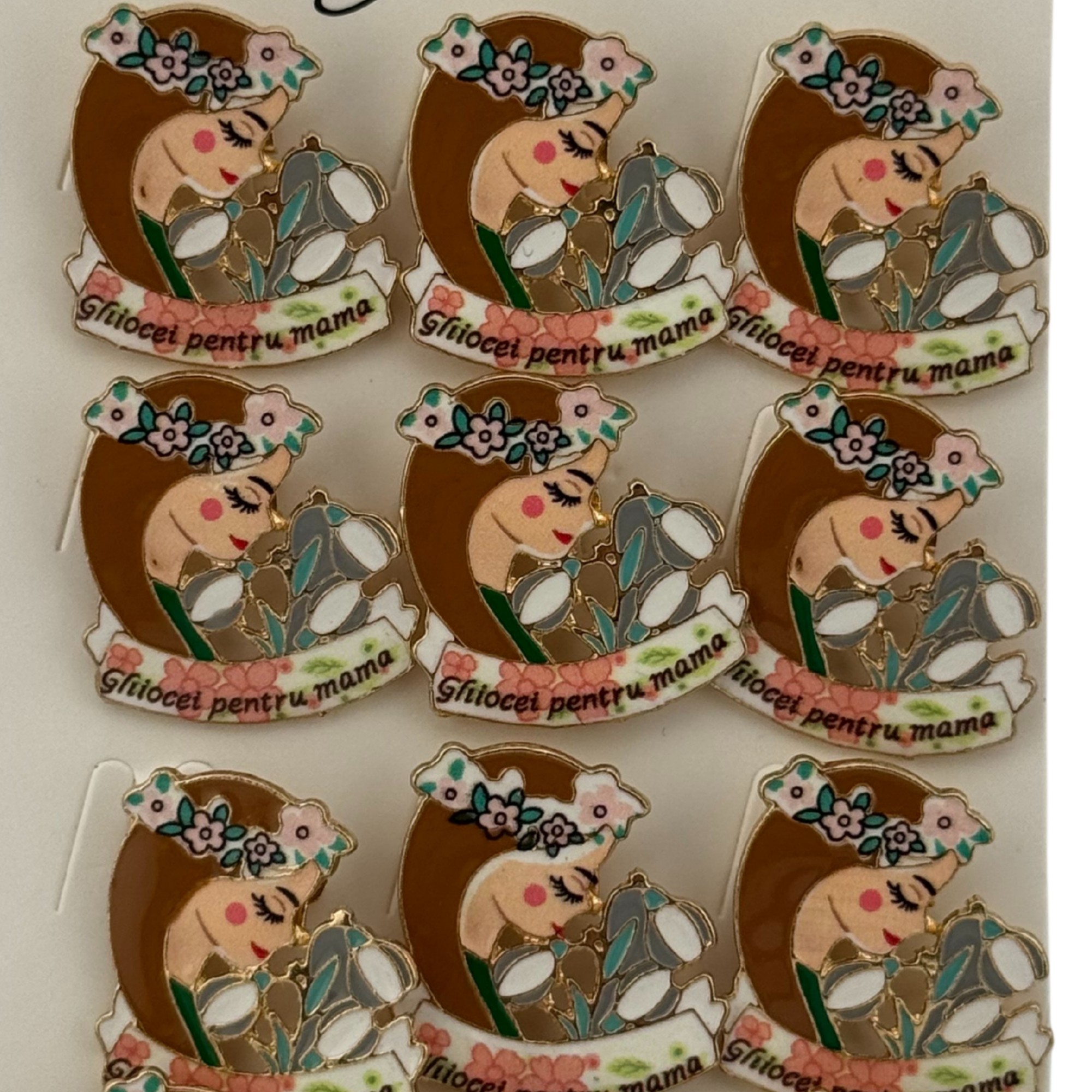 Set 12 Brose Martisor Primavara, Jolie, Model Fata, cu Mesaj Ghiocei pentru Mama, Multicolor
