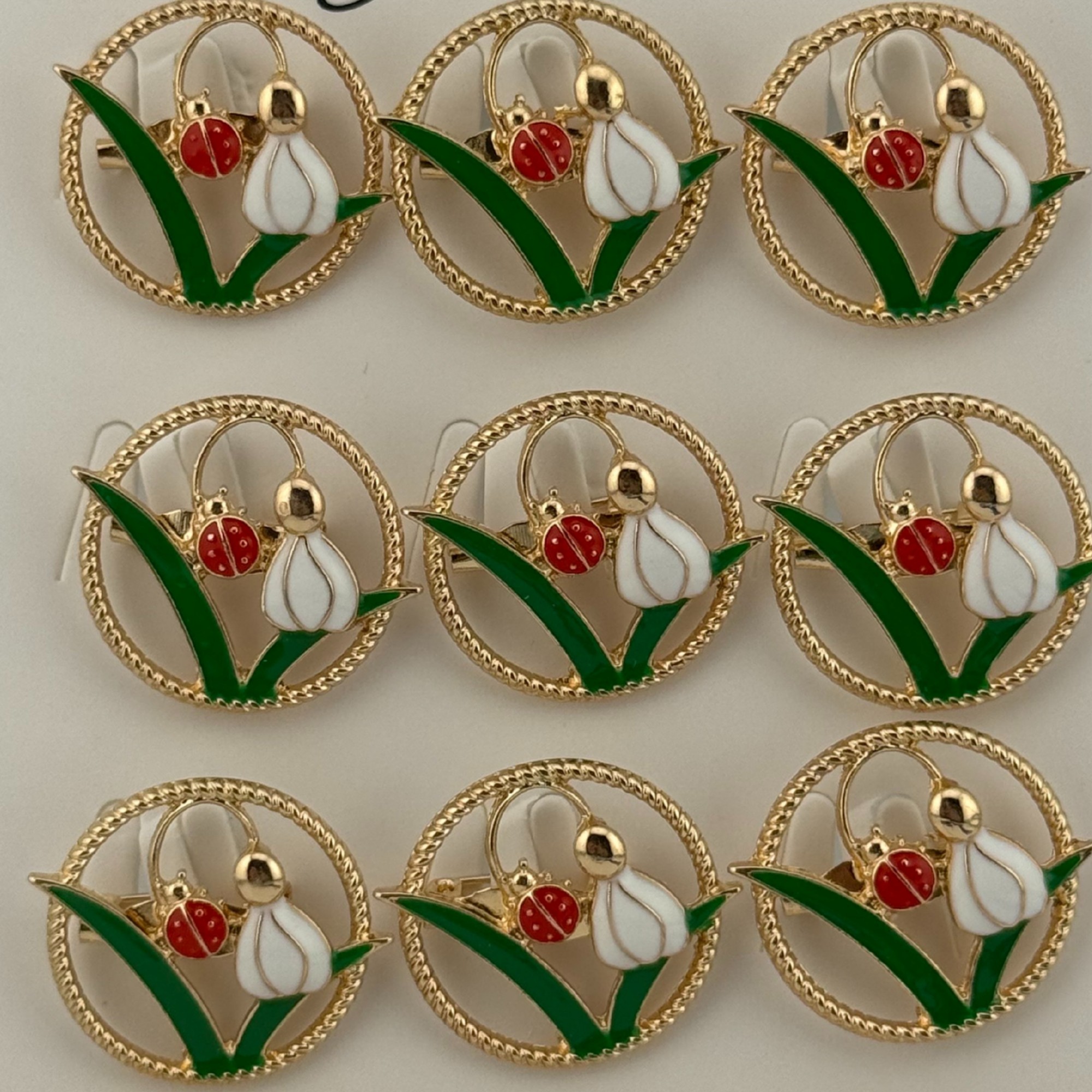 Set 12 Brose Martisor Primavara, Jolie, Model Ghiocel cu Buburuza in Cerc