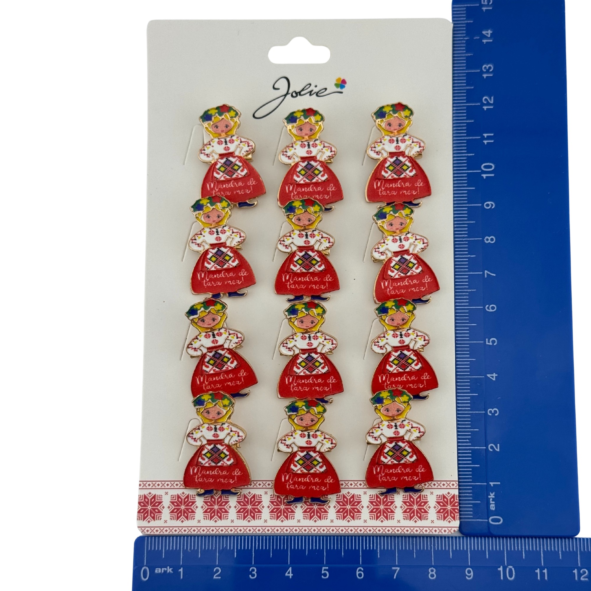 Set 12 Brose Martisor Primavara, Jolie, Model Fata, cu Mesaj Mandra de Tara Mea, Multicolor