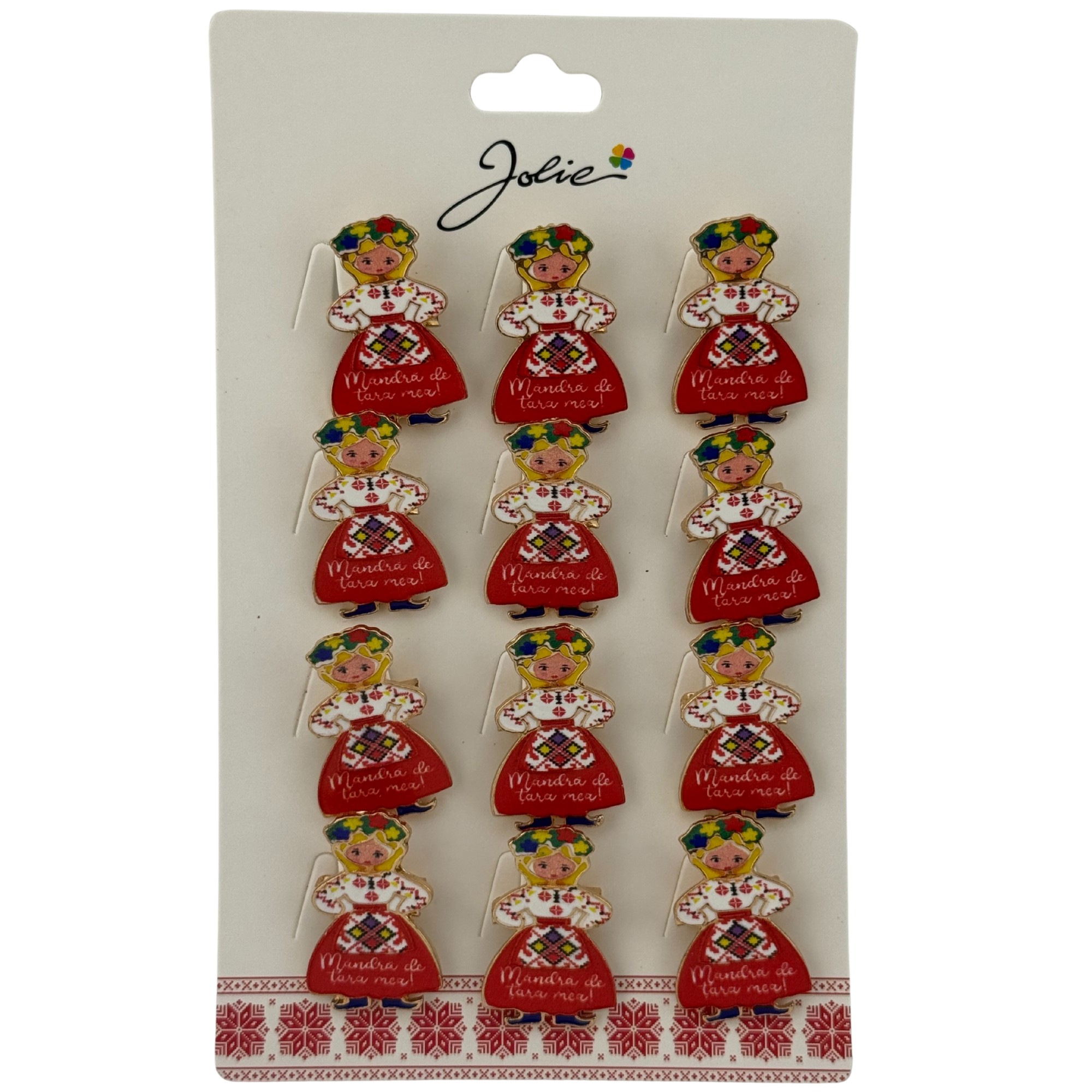 Set 12 Brose Martisor Primavara, Jolie, Model Fata, cu Mesaj Mandra de Tara Mea, Multicolor