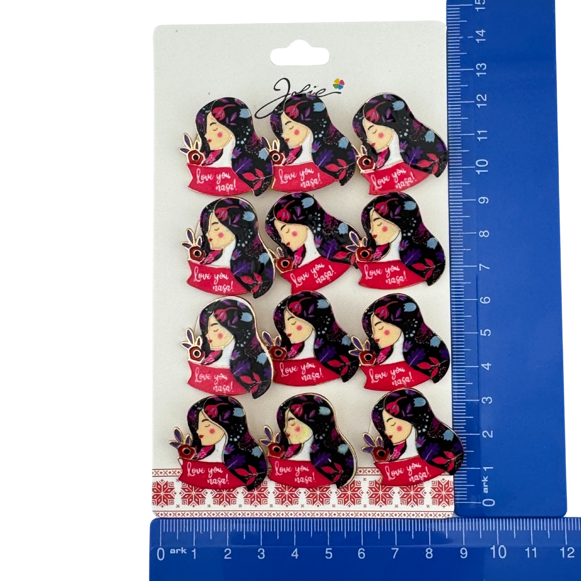 Set 12 Brose Martisor Primavara, Jolie, Model Fata, cu Mesaj Love You Nasa, Multicolor