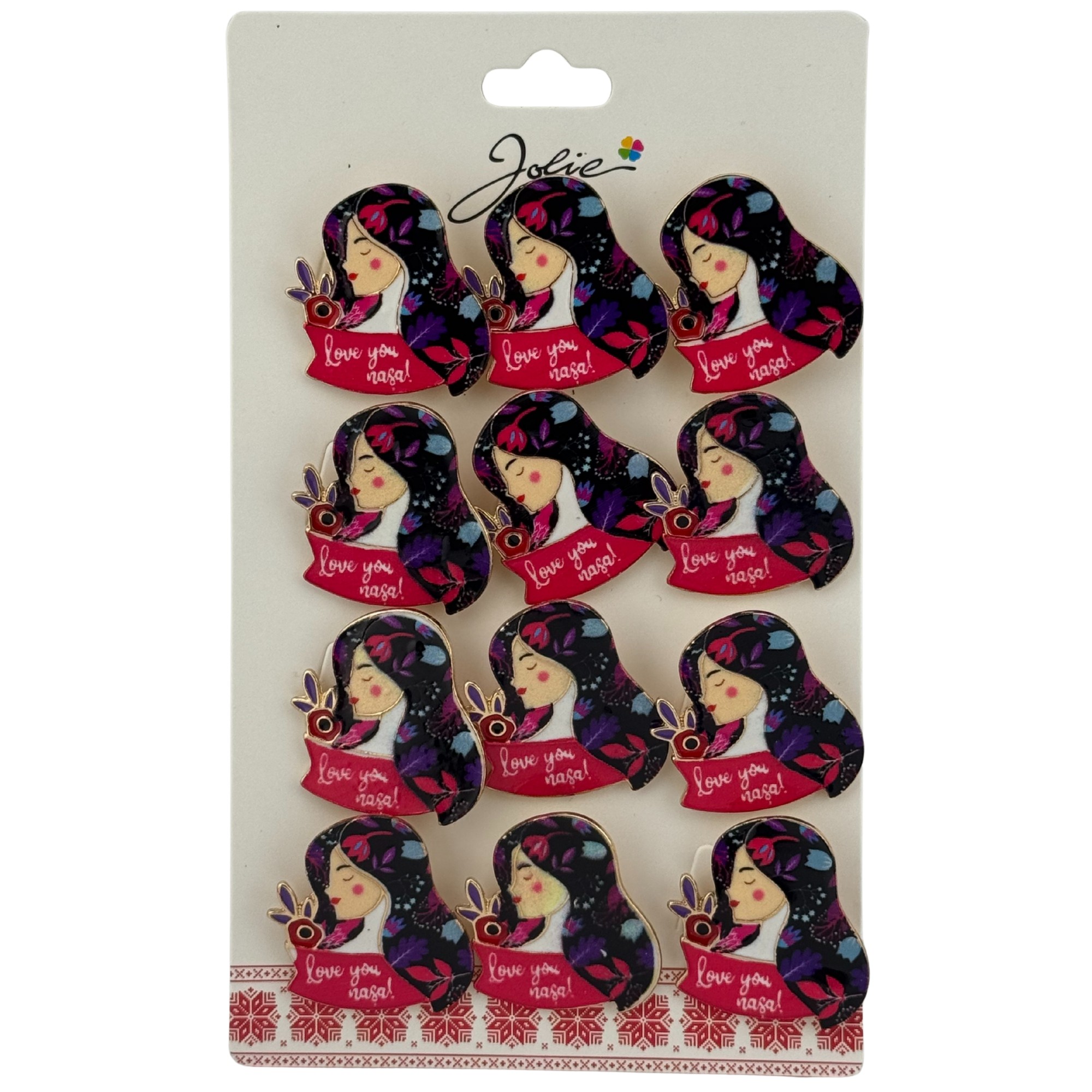 Set 12 Brose Martisor Primavara, Jolie, Model Fata, cu Mesaj Love You Nasa, Multicolor