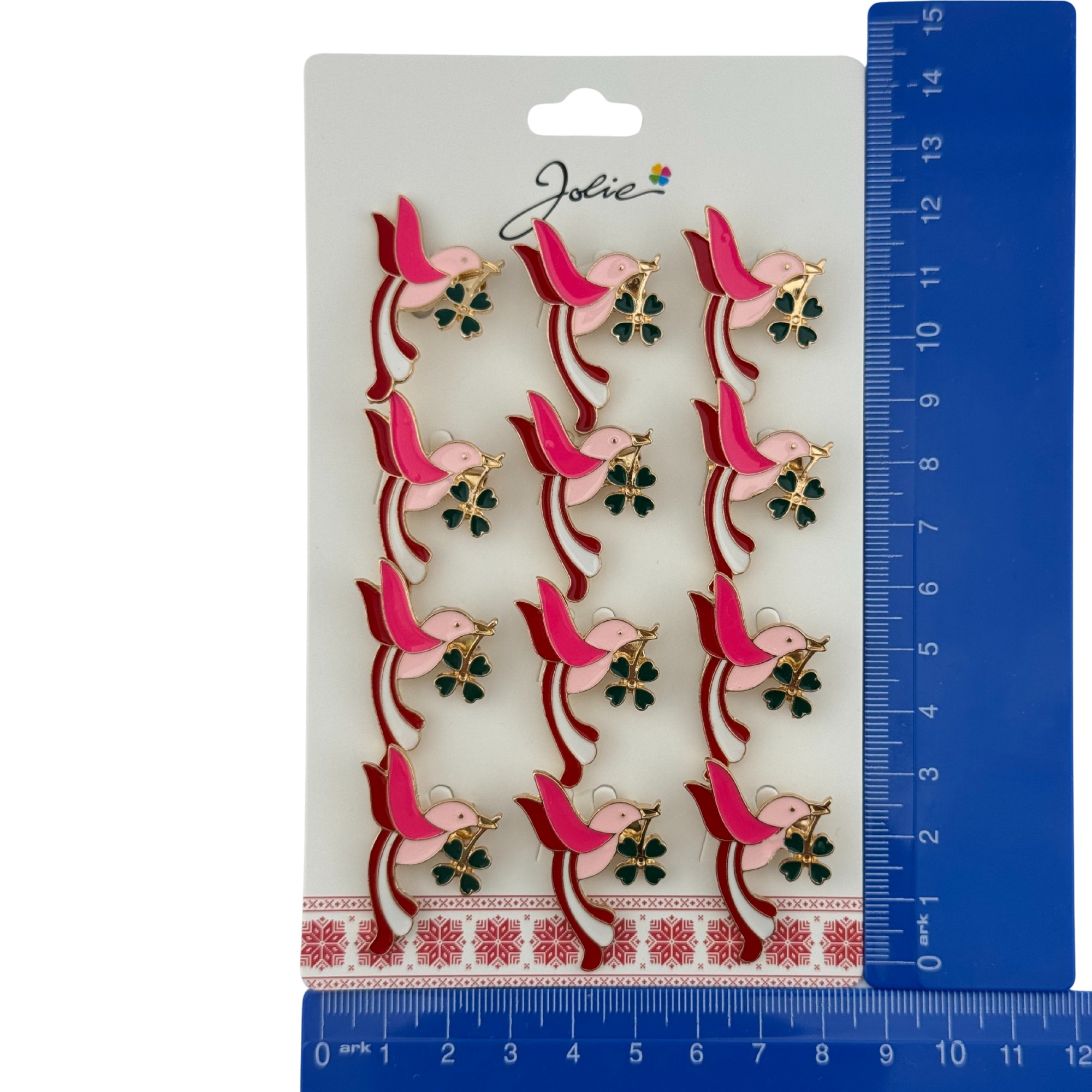 Set 12 Brose Martisor Primavara, Jolie, Model Pasare cu Trifoi in Cioc, Roz