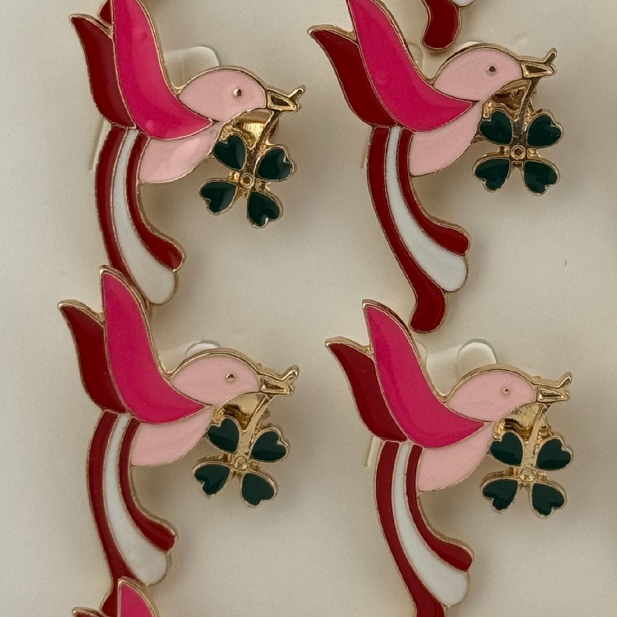 Set 12 Brose Martisor Primavara, Jolie, Model Pasare cu Trifoi in Cioc, Roz