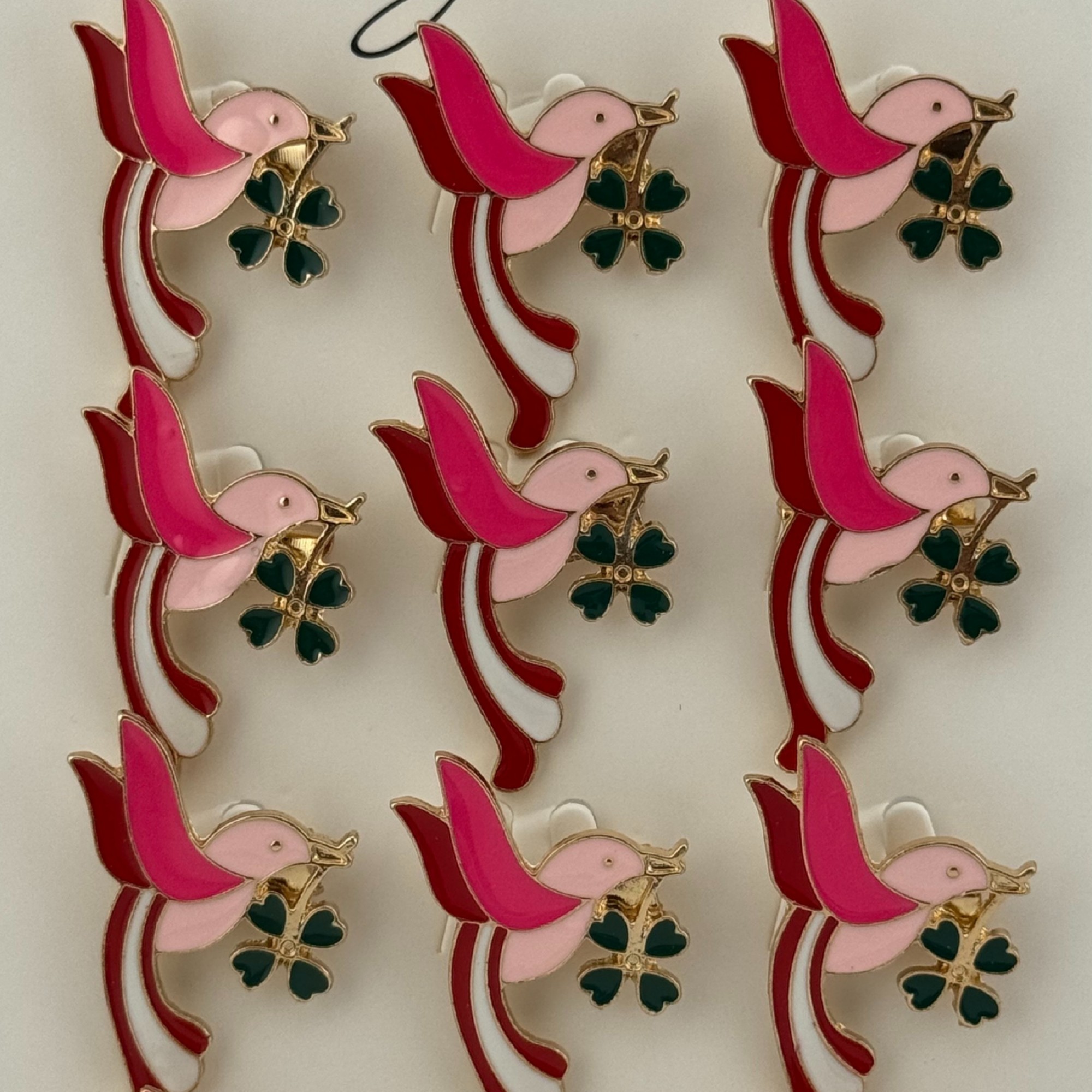 Set 12 Brose Martisor Primavara, Jolie, Model Pasare cu Trifoi in Cioc, Roz