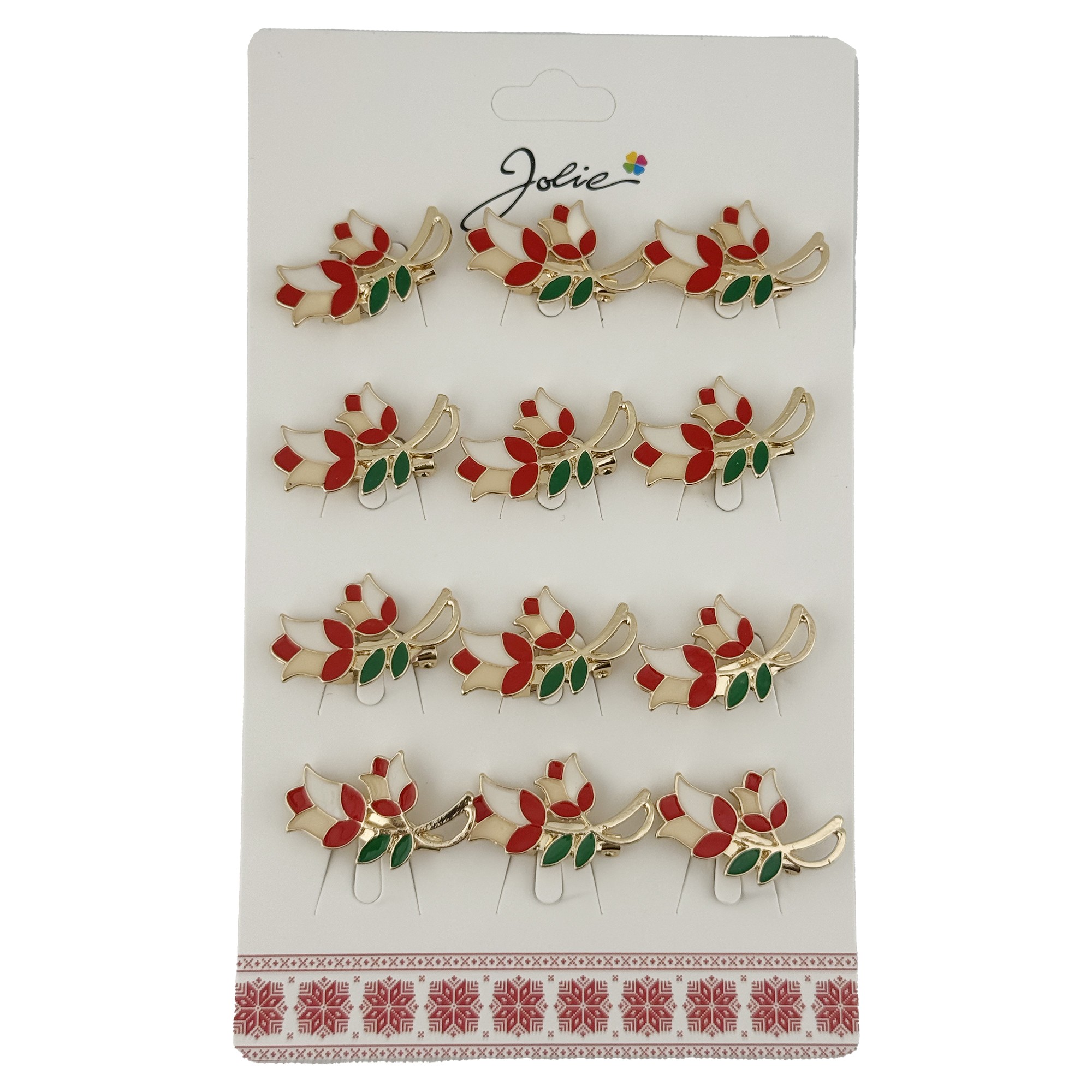 Set 12 Brose Martisor Primavara Lalele cu Motiv Traditional, Jolie, Brose din Metal, Aspect Lacuit, 2,5 x 1,5 cm per Unitate, Rosu