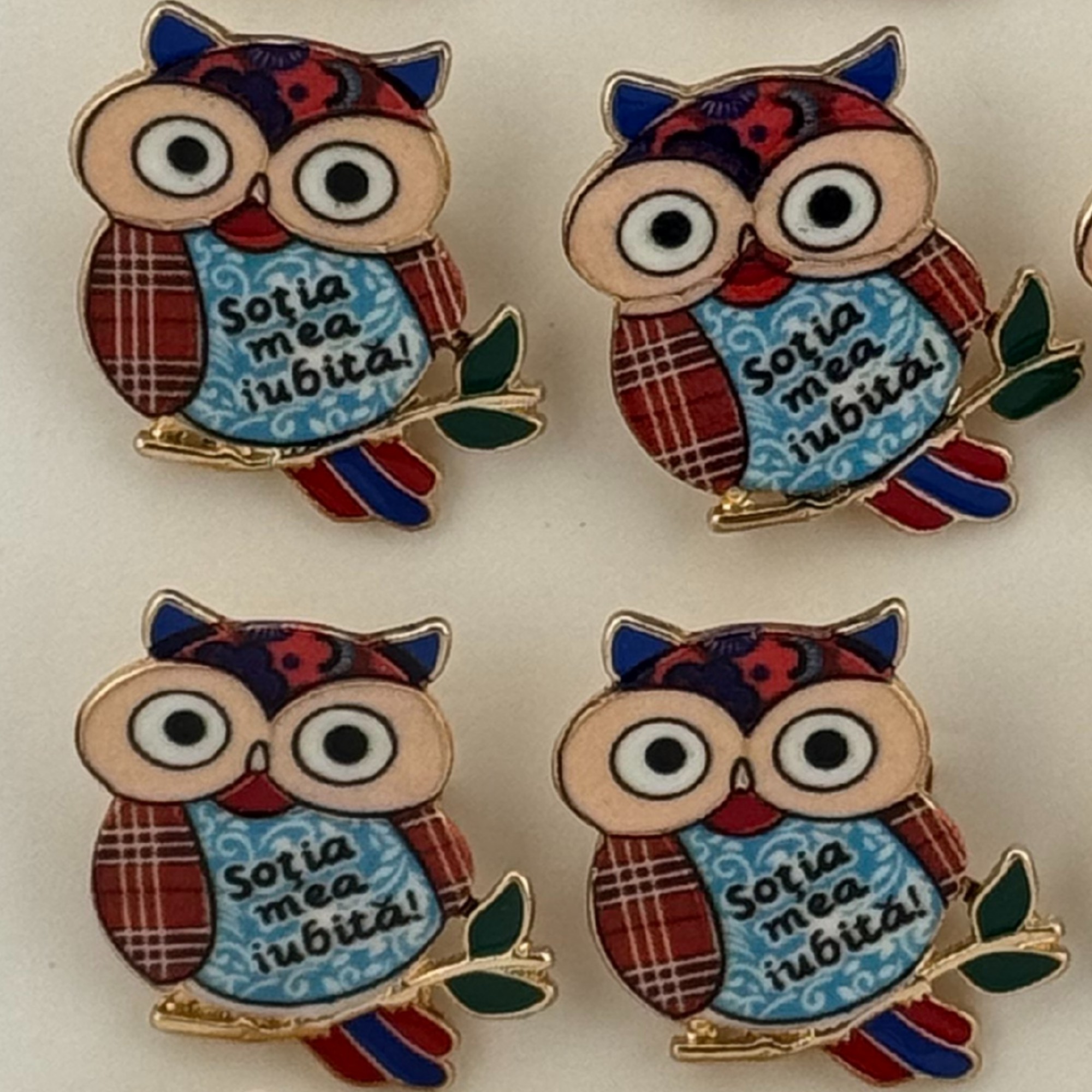 Set 12 Brose Martisor Primavara, Jolie, Model Bufnita, cu Mesaj Sotia Mea Iubita, Multicolor