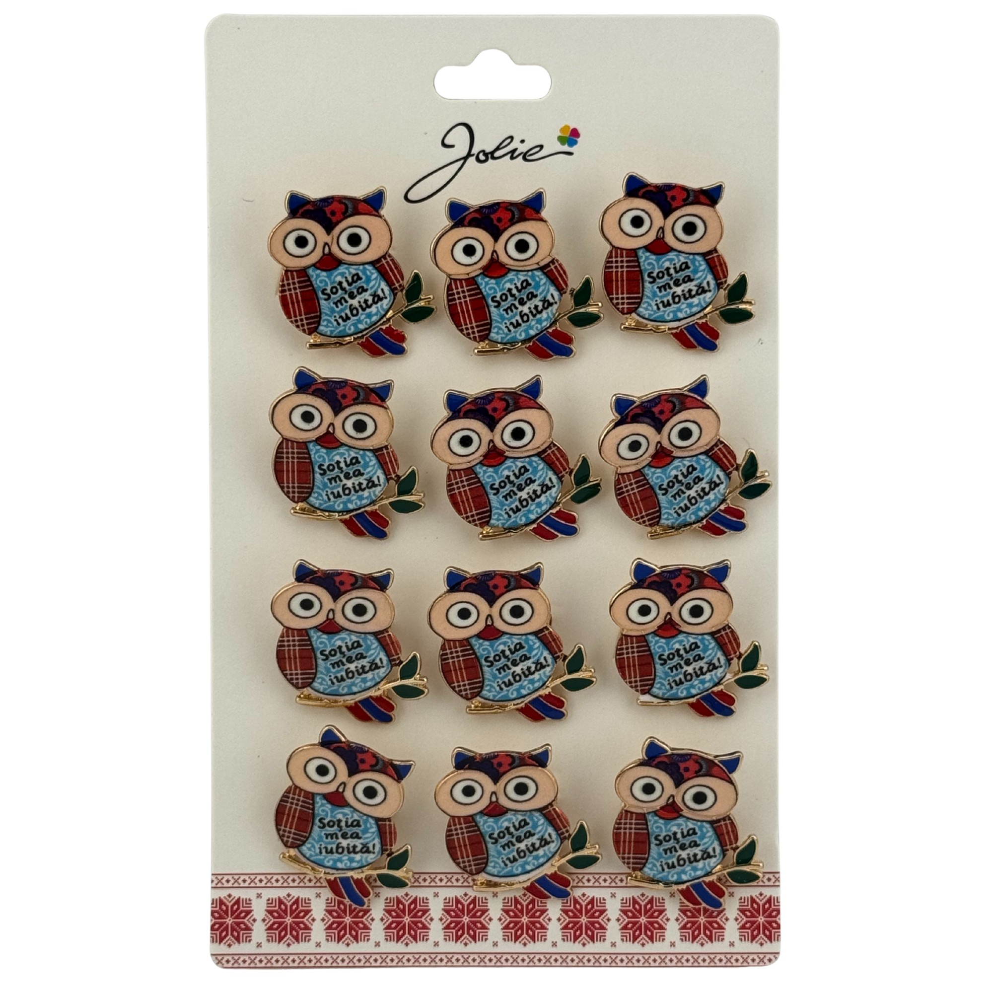 Set 12 Brose Martisor Primavara, Jolie, Model Bufnita, cu Mesaj Sotia Mea Iubita, Multicolor