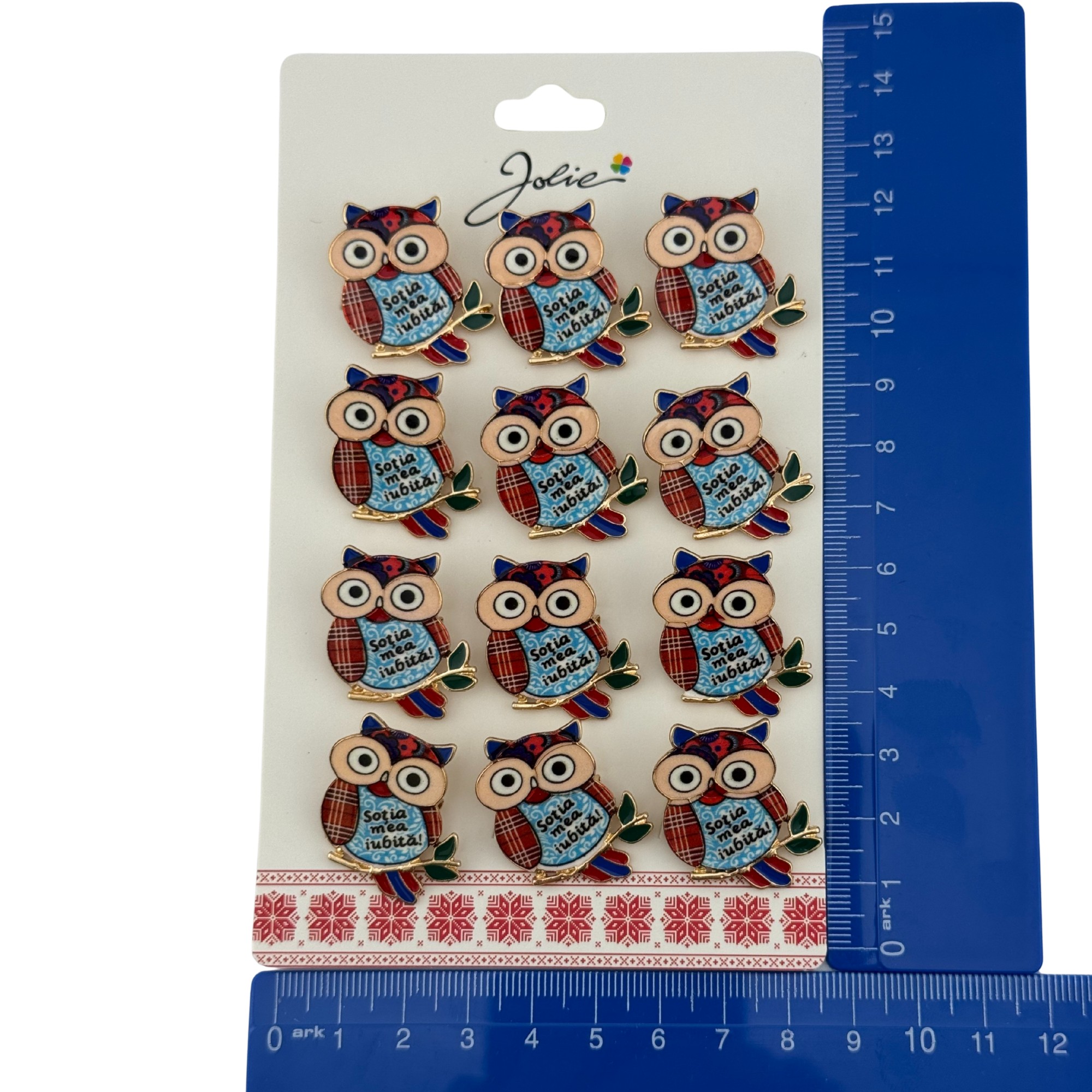 Set 12 Brose Martisor Primavara, Jolie, Model Bufnita, cu Mesaj Sotia Mea Iubita, Multicolor