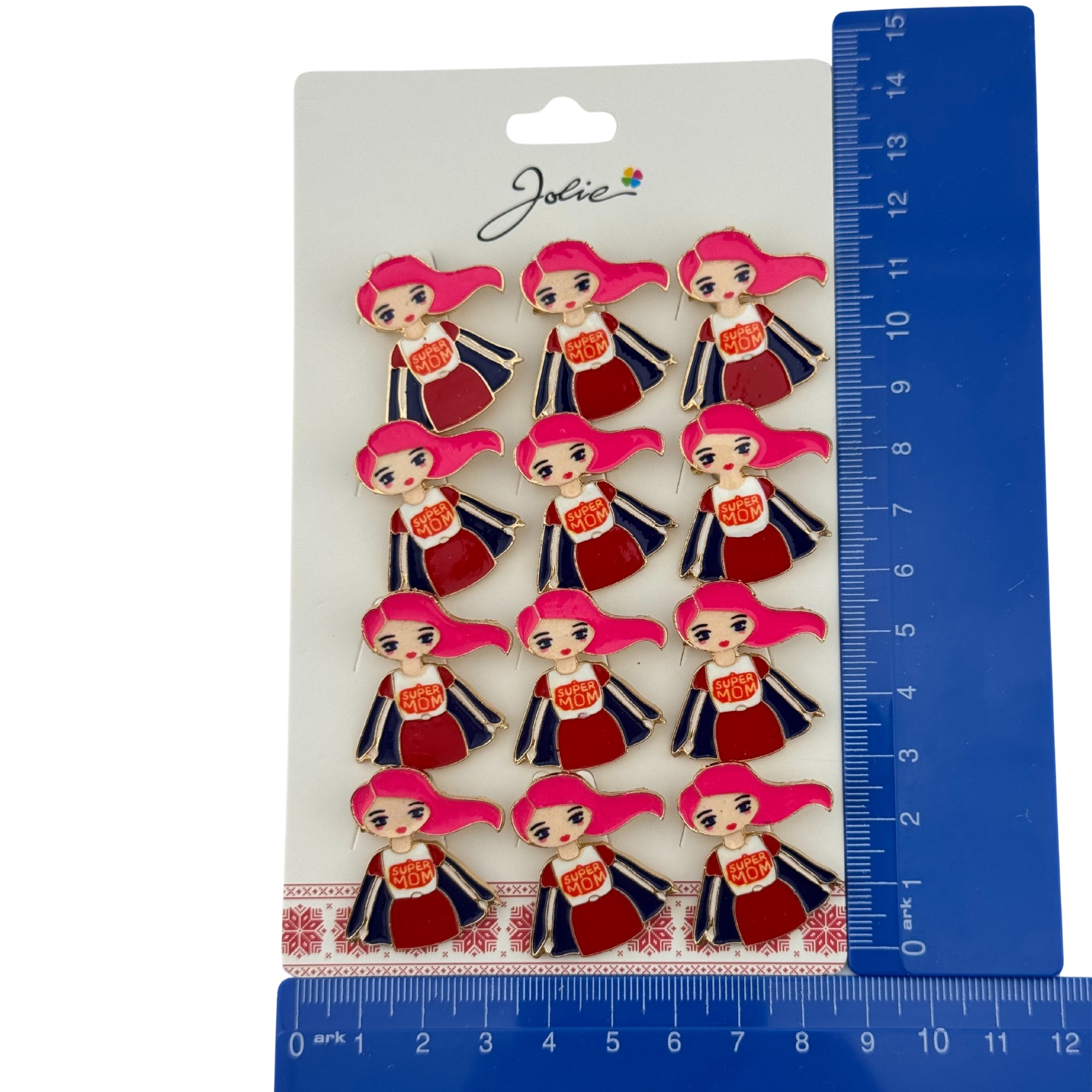 Set 12 Brose Martisor Primavara, Jolie, Model Fata, cu Mesaj Super Mom, Multicolor