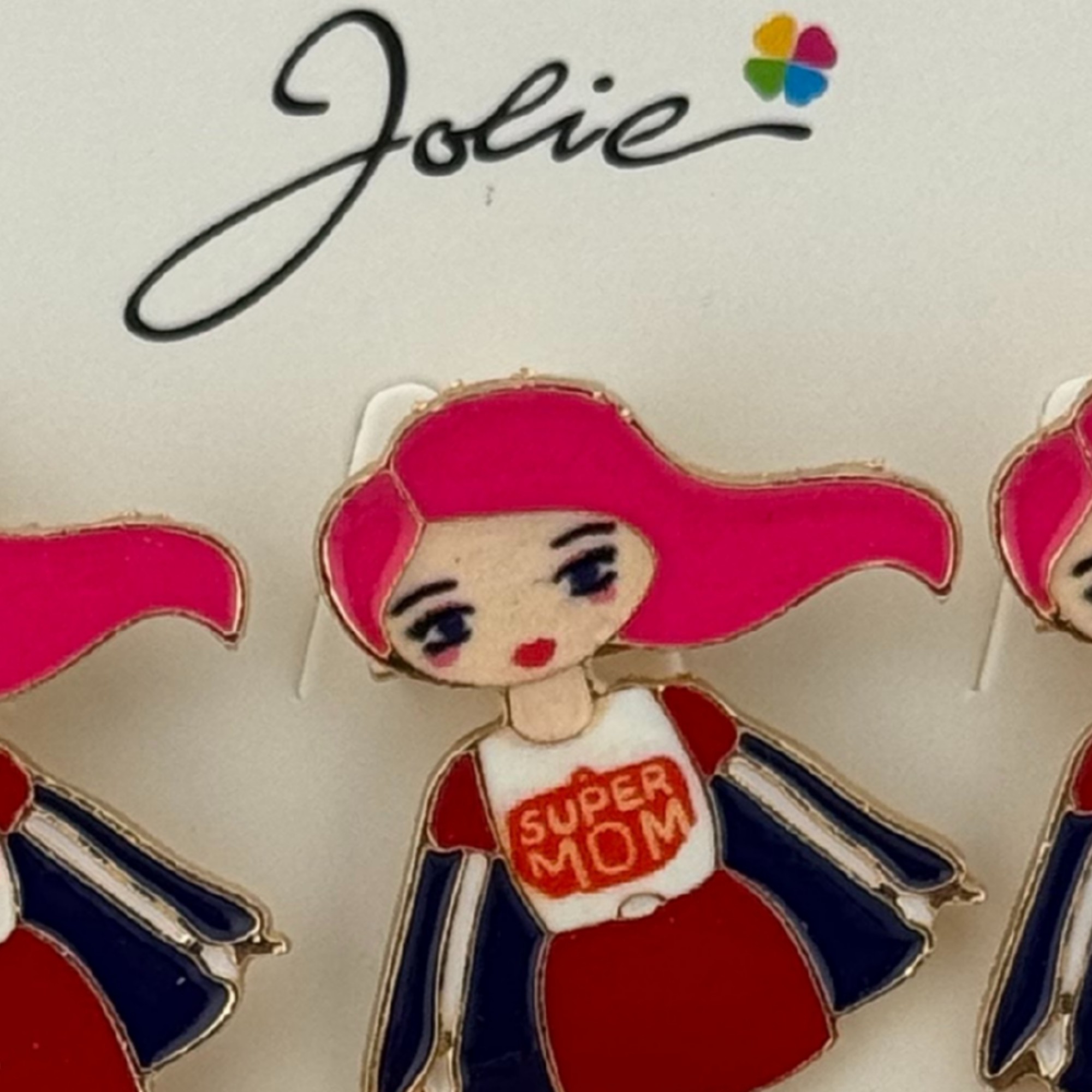 Set 12 Brose Martisor Primavara, Jolie, Model Fata, cu Mesaj Super Mom, Multicolor