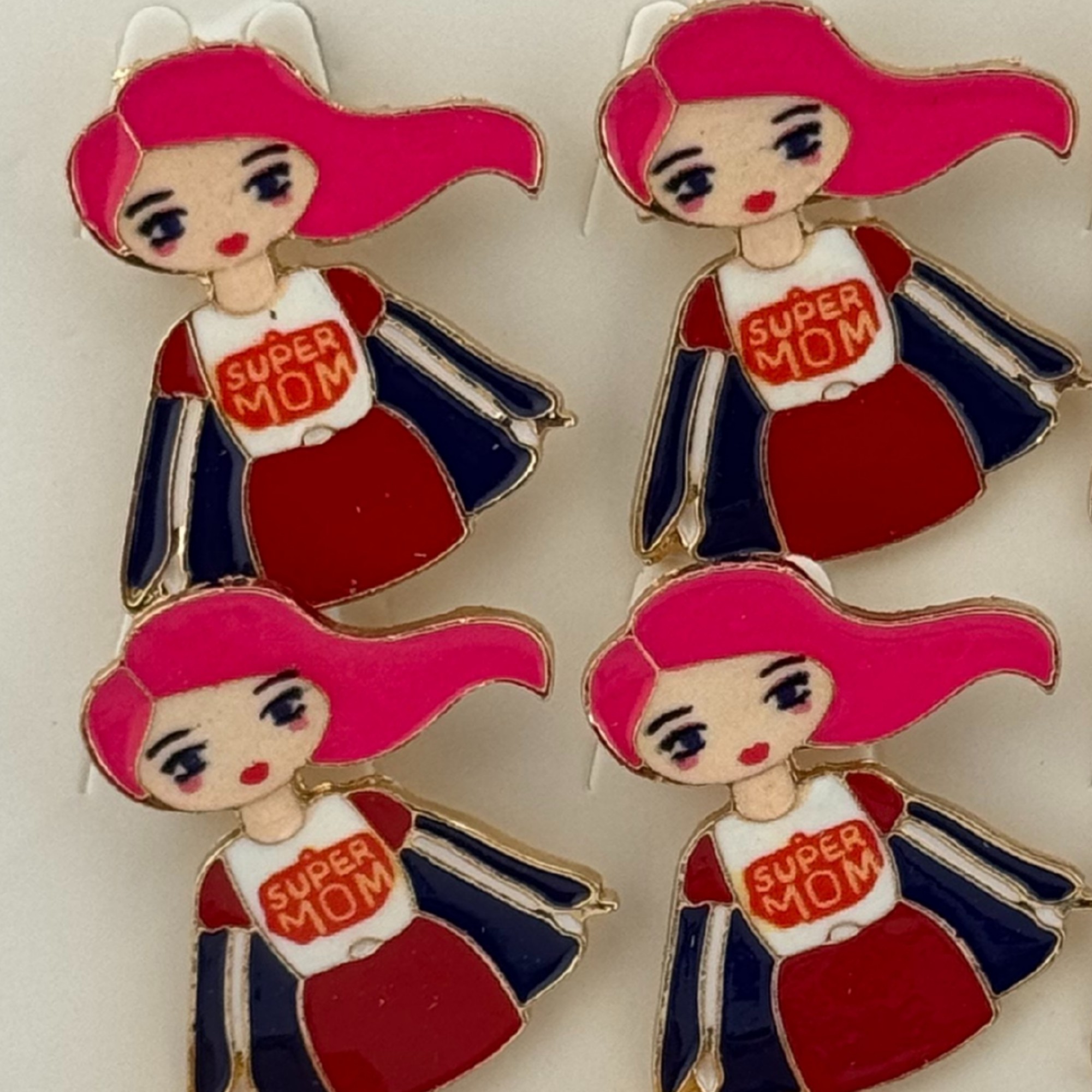 Set 12 Brose Martisor Primavara, Jolie, Model Fata, cu Mesaj Super Mom, Multicolor