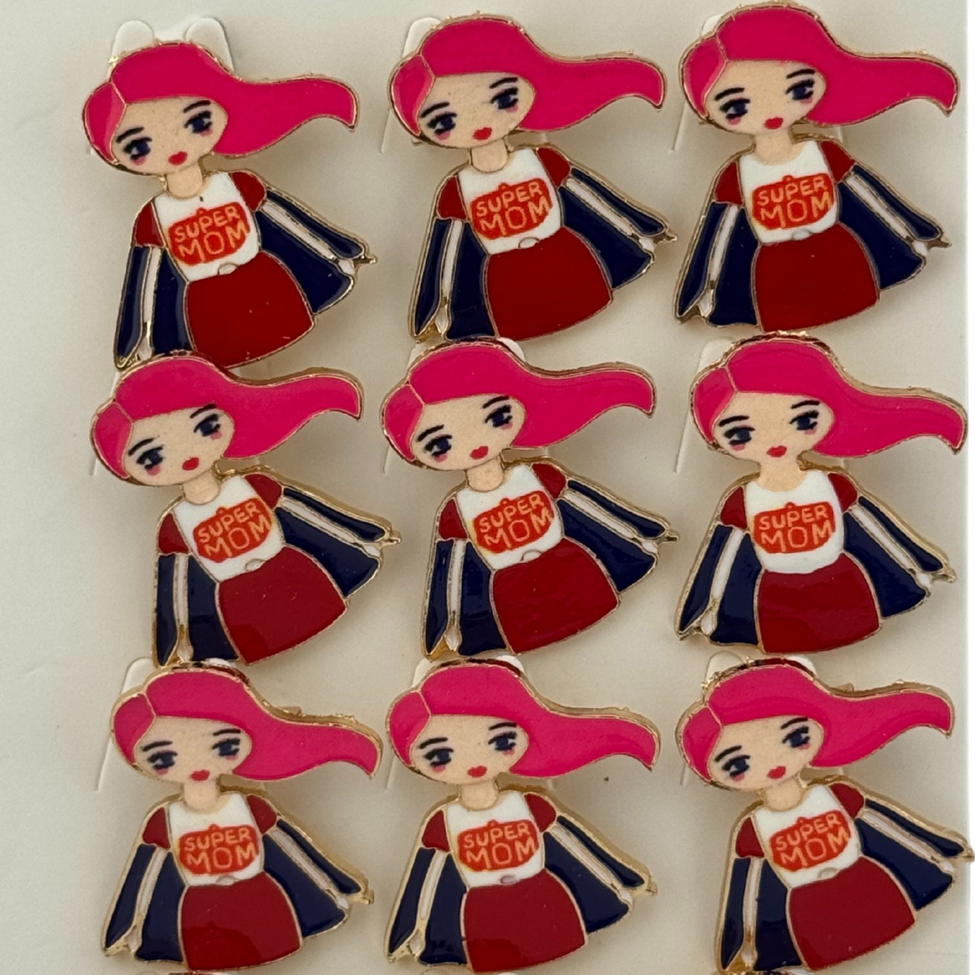 Set 12 Brose Martisor Primavara, Jolie, Model Fata, cu Mesaj Super Mom, Multicolor
