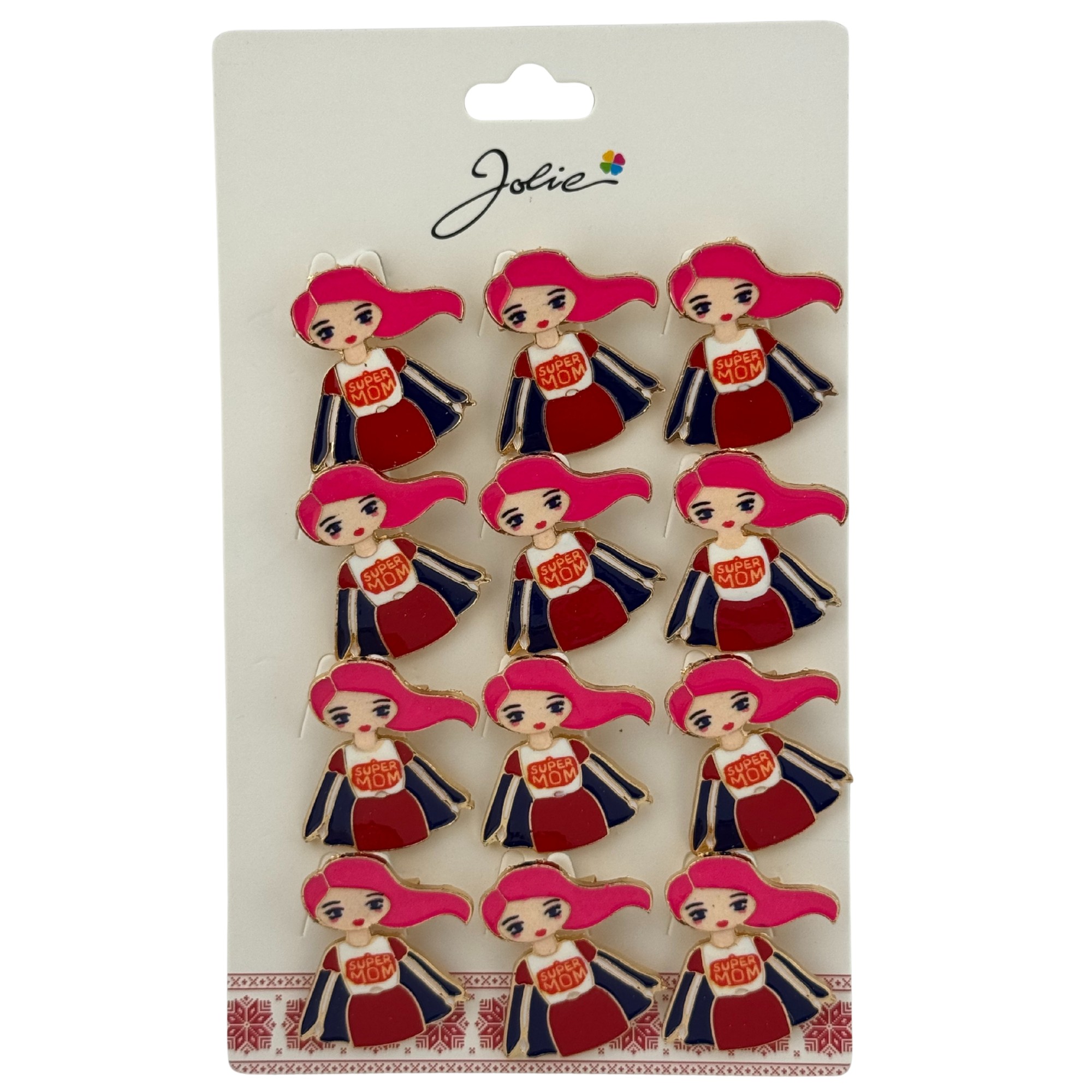 Set 12 Brose Martisor Primavara, Jolie, Model Fata, cu Mesaj Super Mom, Multicolor