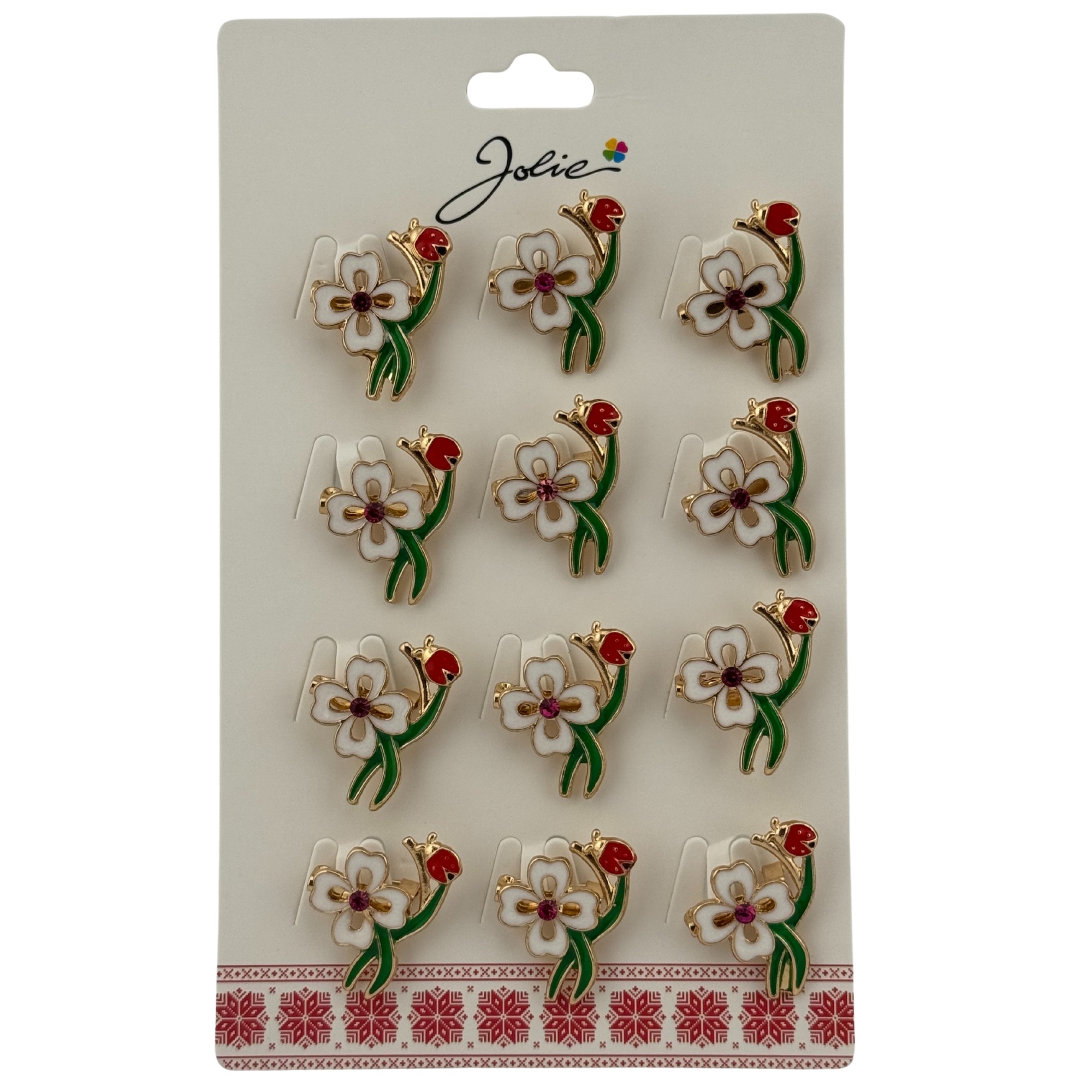 Set 12 Brose Martisor Primavara, Jolie, Model Trifoi cu Buburuza, Verde Alb Rosu