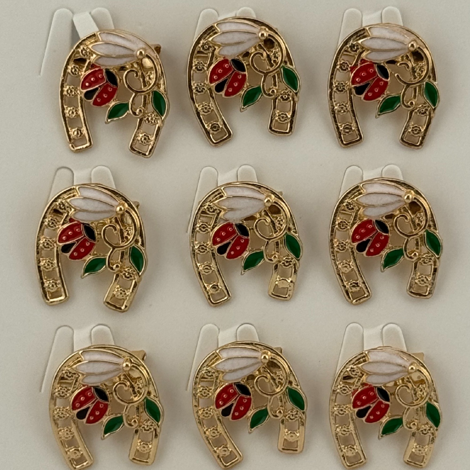 Set 12 Brose Martisor Primavara, Jolie, Model Potcoava cu Buburuza si Ghiocel