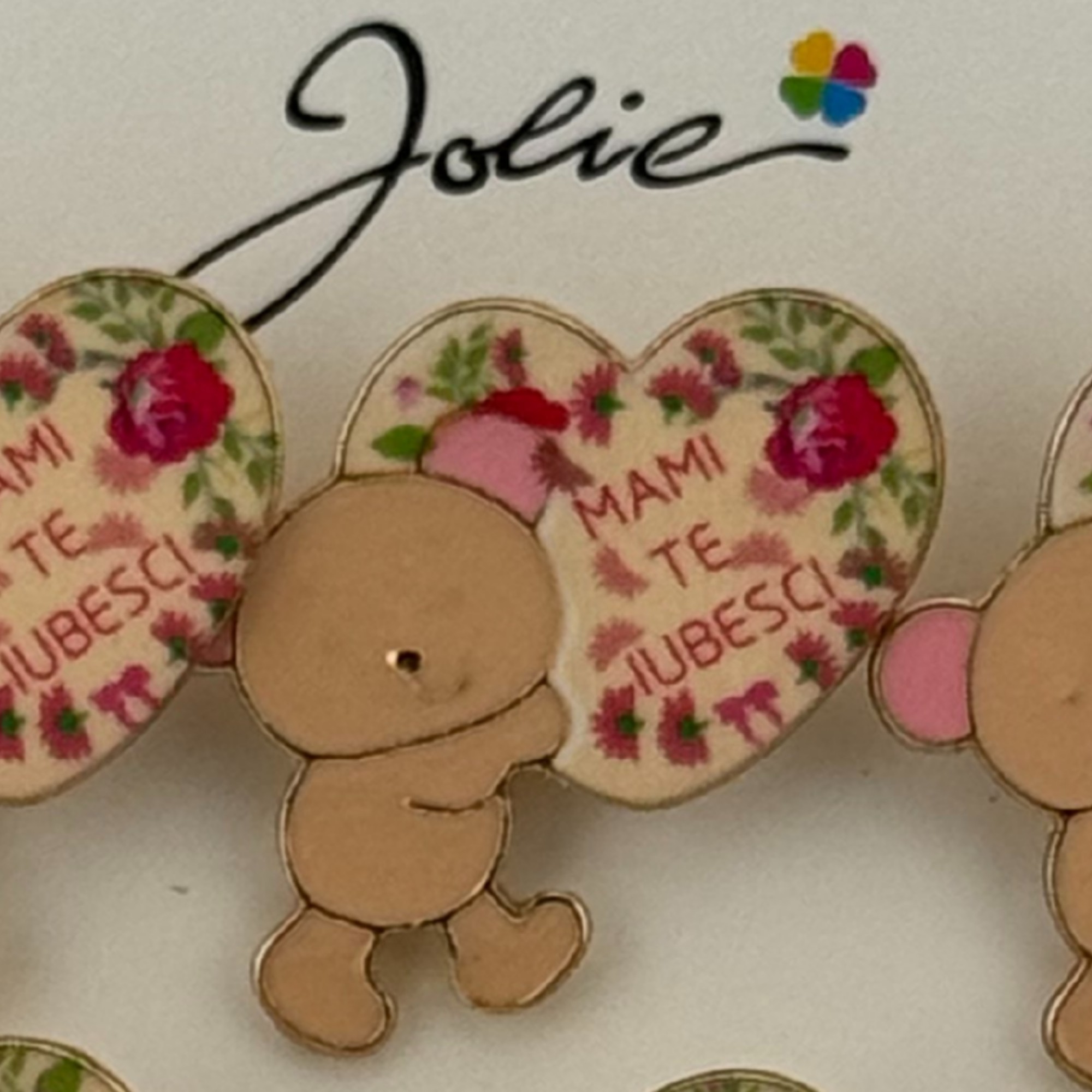 Set 12 Brose Martisor Primavara, Jolie, Model Ursulet, cu Mesaj Mami Te Iubesc, Maro