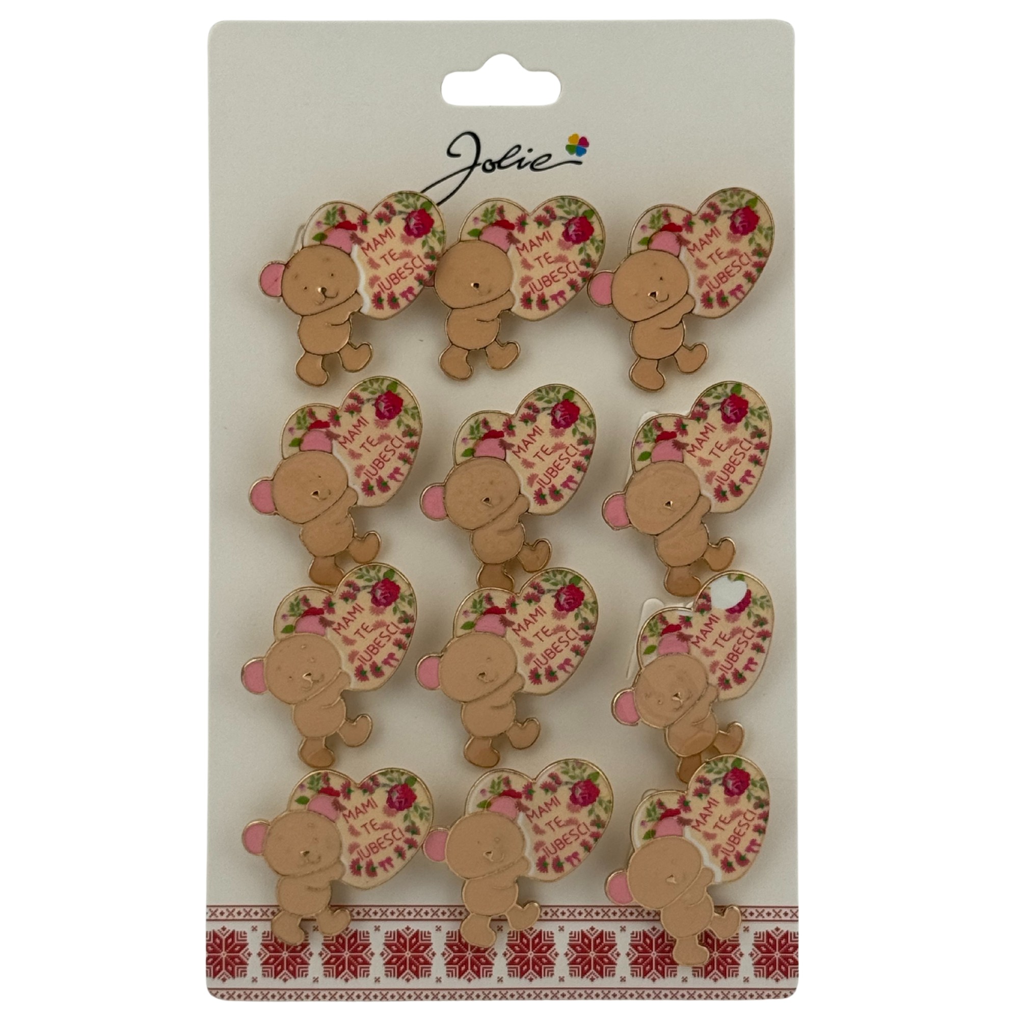 Set 12 Brose Martisor Primavara, Jolie, Model Ursulet, cu Mesaj Mami Te Iubesc, Maro