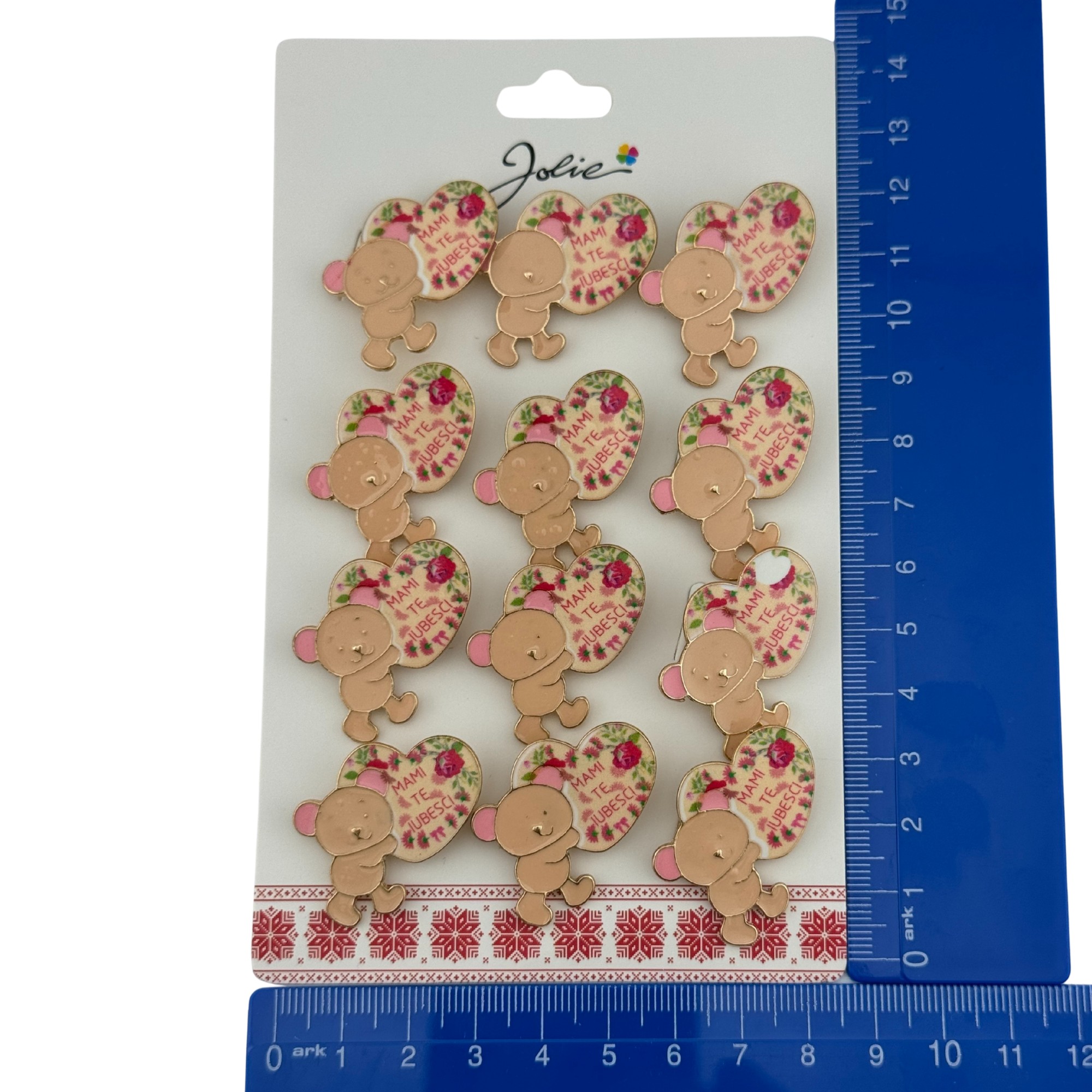 Set 12 Brose Martisor Primavara, Jolie, Model Ursulet, cu Mesaj Mami Te Iubesc, Maro