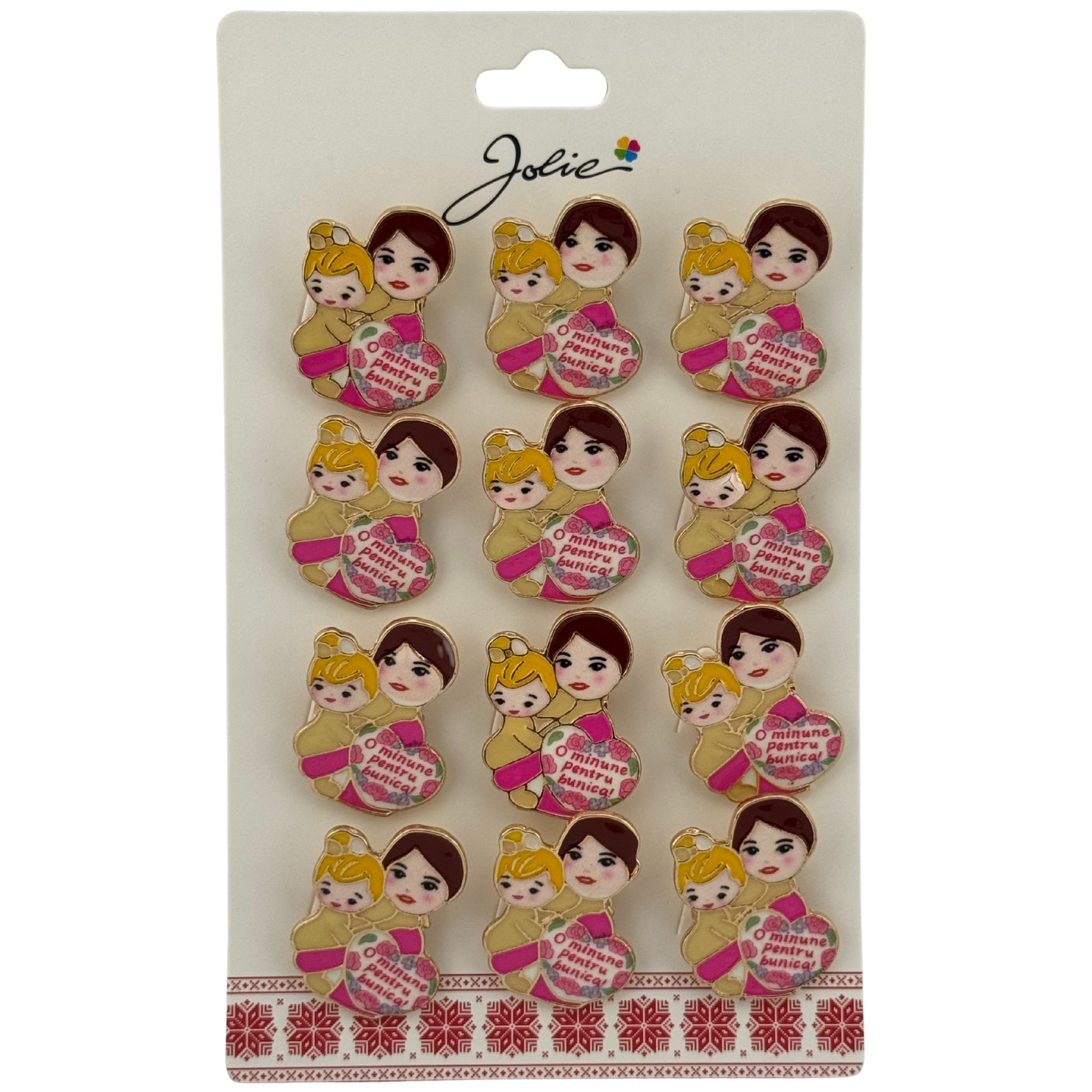 Set 12 Brose Martisor Primavara, Jolie, Model Femeie si Copil, cu Mesaj O Minune Pentru Bunica, Multicolor