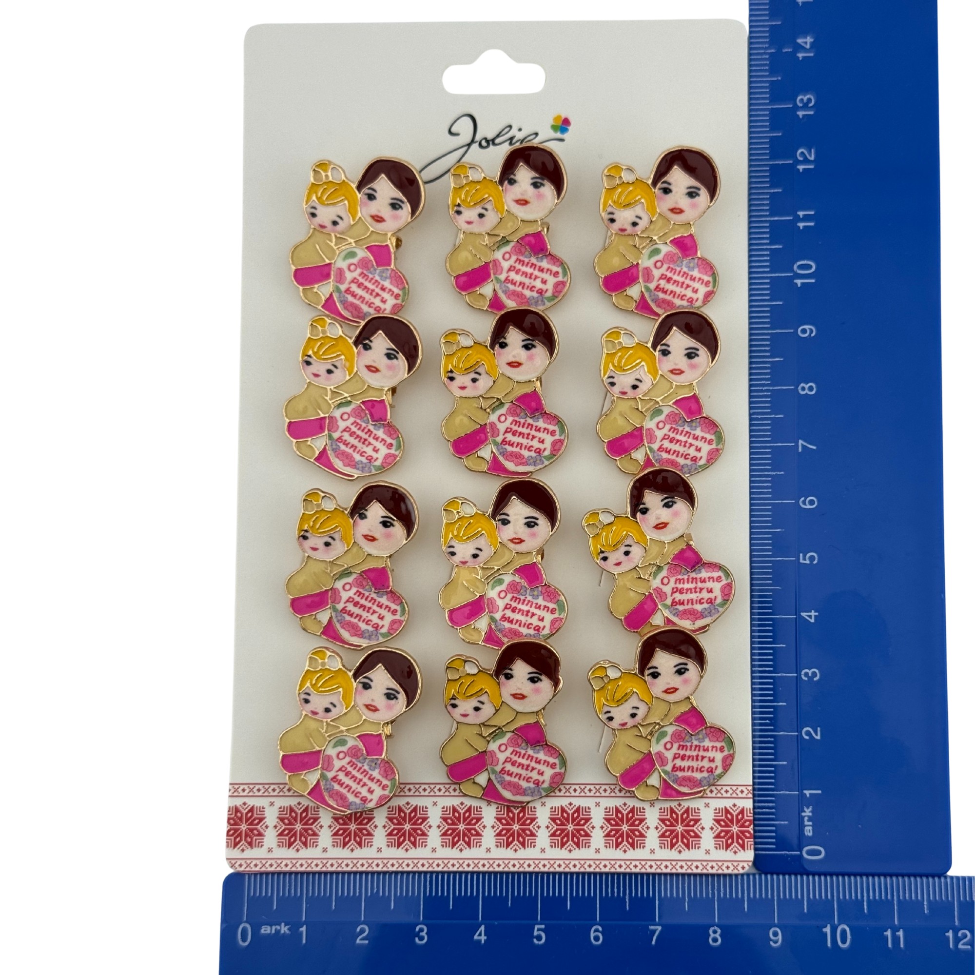 Set 12 Brose Martisor Primavara, Jolie, Model Femeie si Copil, cu Mesaj O Minune Pentru Bunica, Multicolor