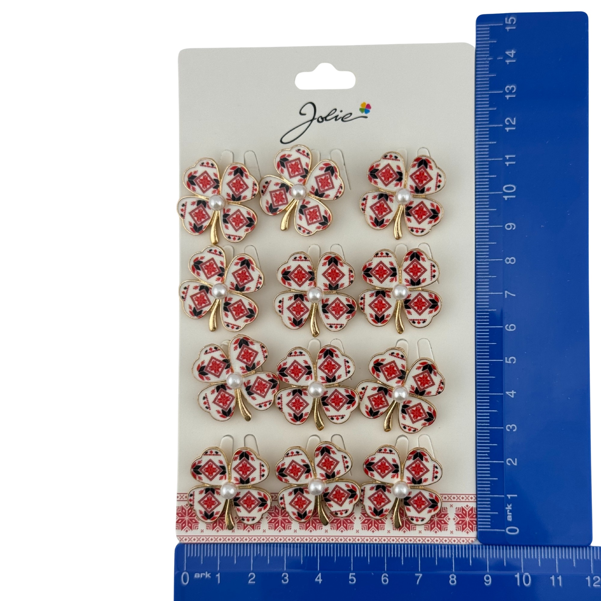 Set 12 Brose Martisor Primavara, Jolie, Model Trifoi Traditional cu Perla, Rosu