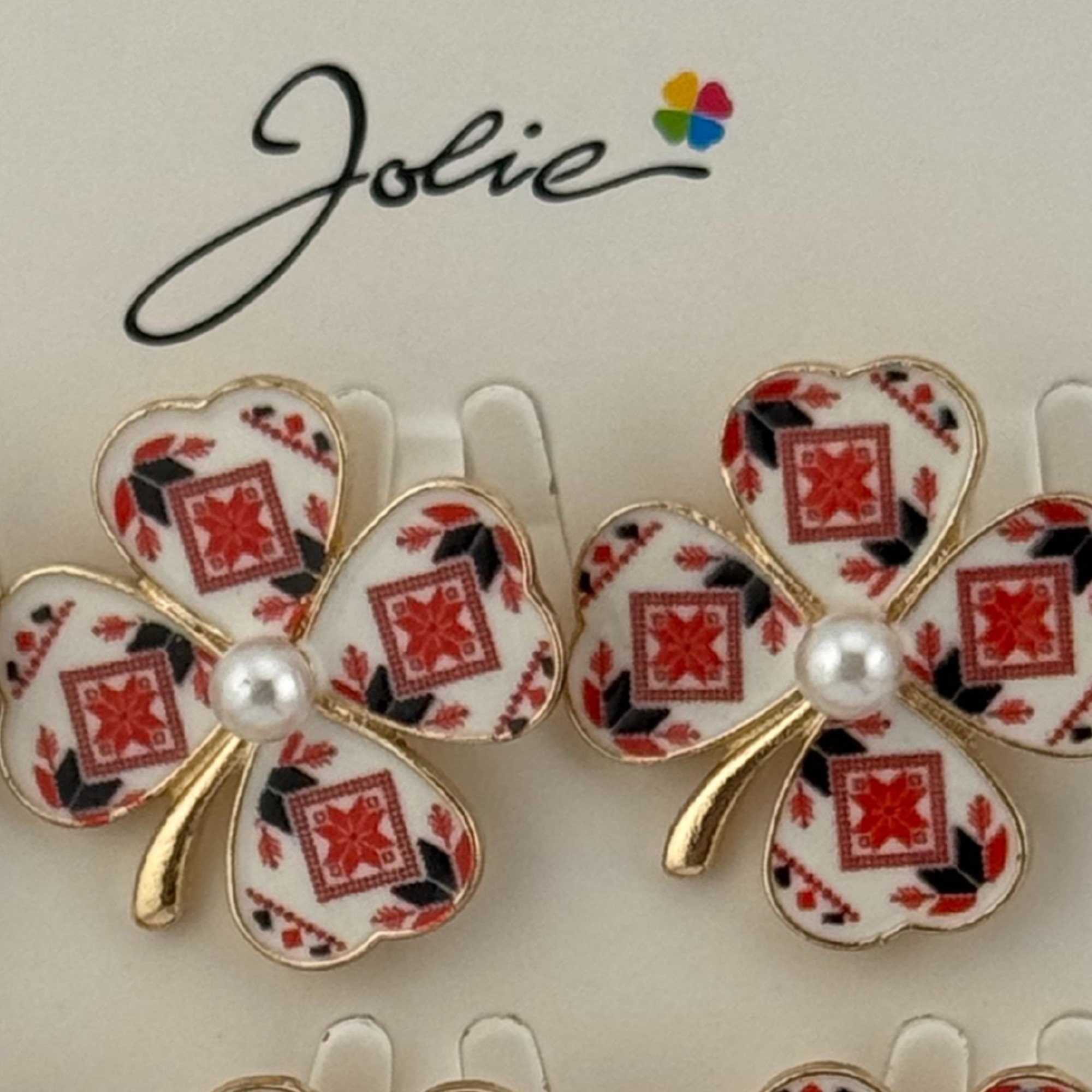 Set 12 Brose Martisor Primavara, Jolie, Model Trifoi Traditional cu Perla, Rosu