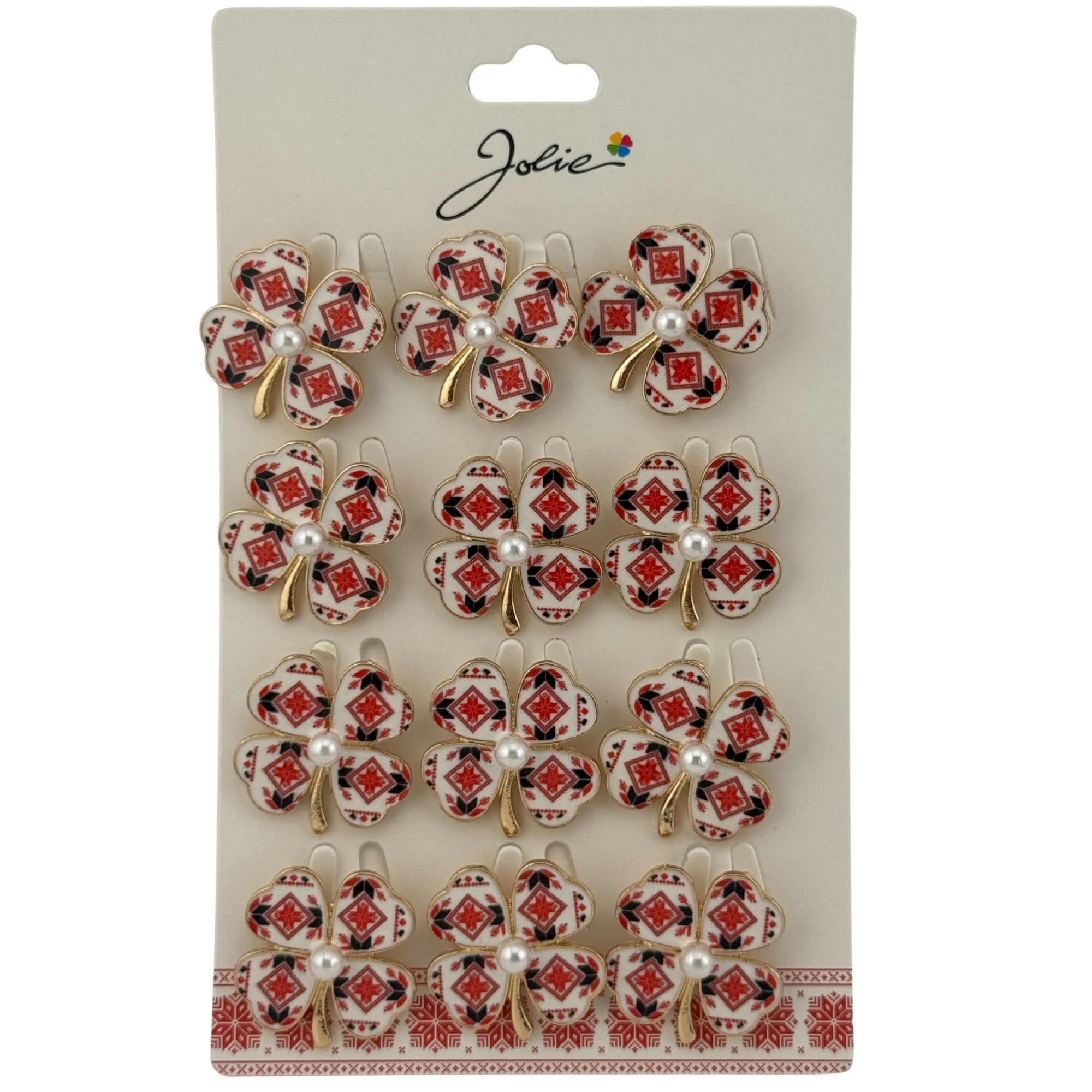 Set 12 Brose Martisor Primavara, Jolie, Model Trifoi Traditional cu Perla, Rosu